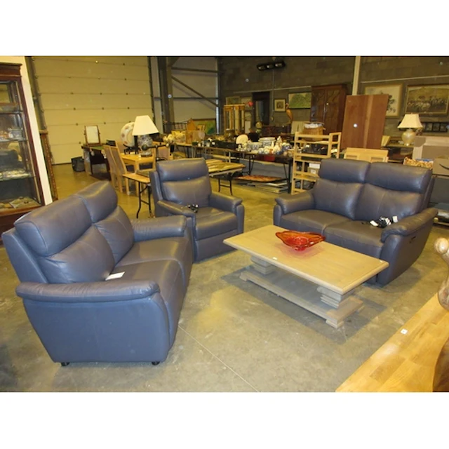 Modern Blue Leather 3 Piece Lounge Suite Comprising Electric...