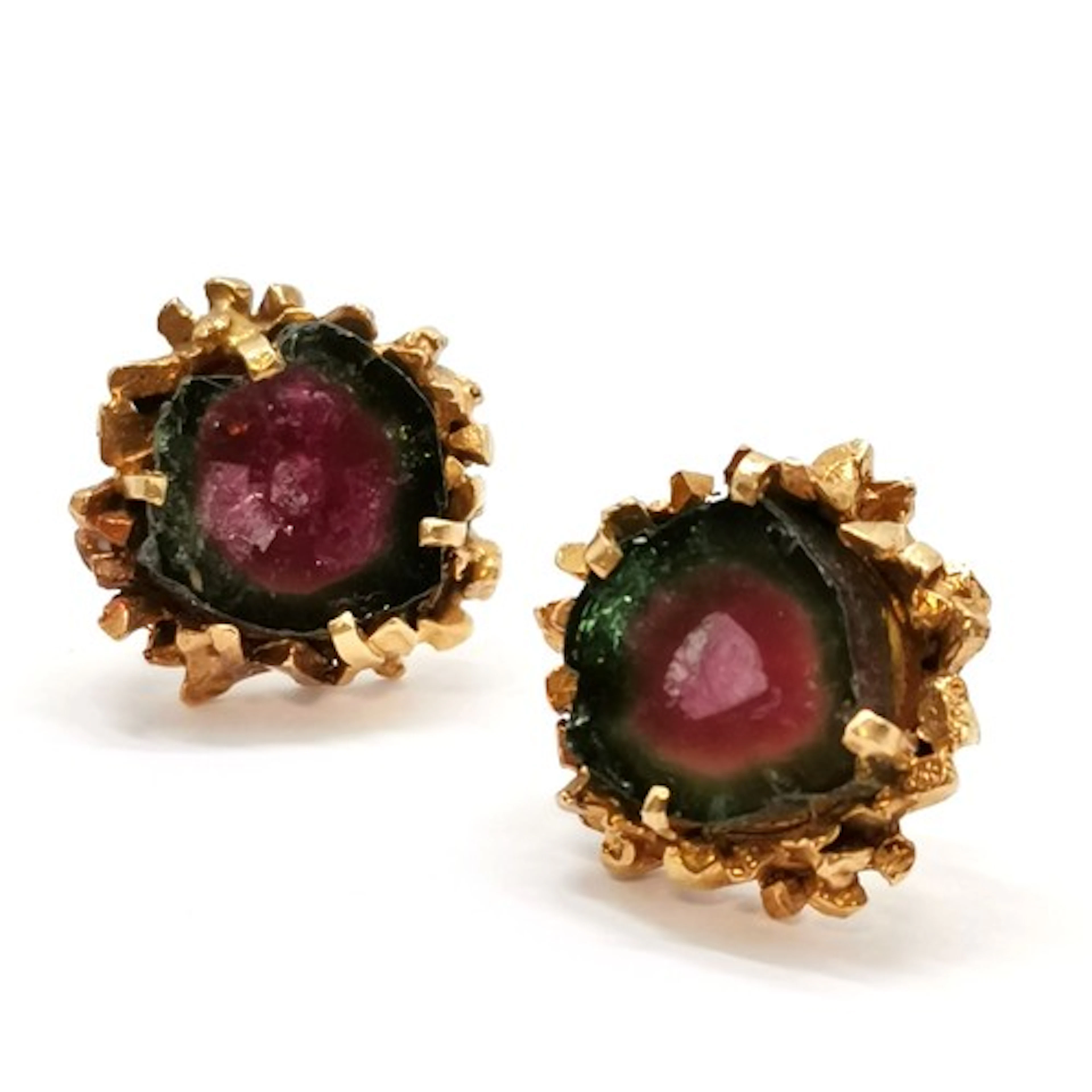 18ct hallmarked gold (1968) Brutalist watermelon tourmaline ...