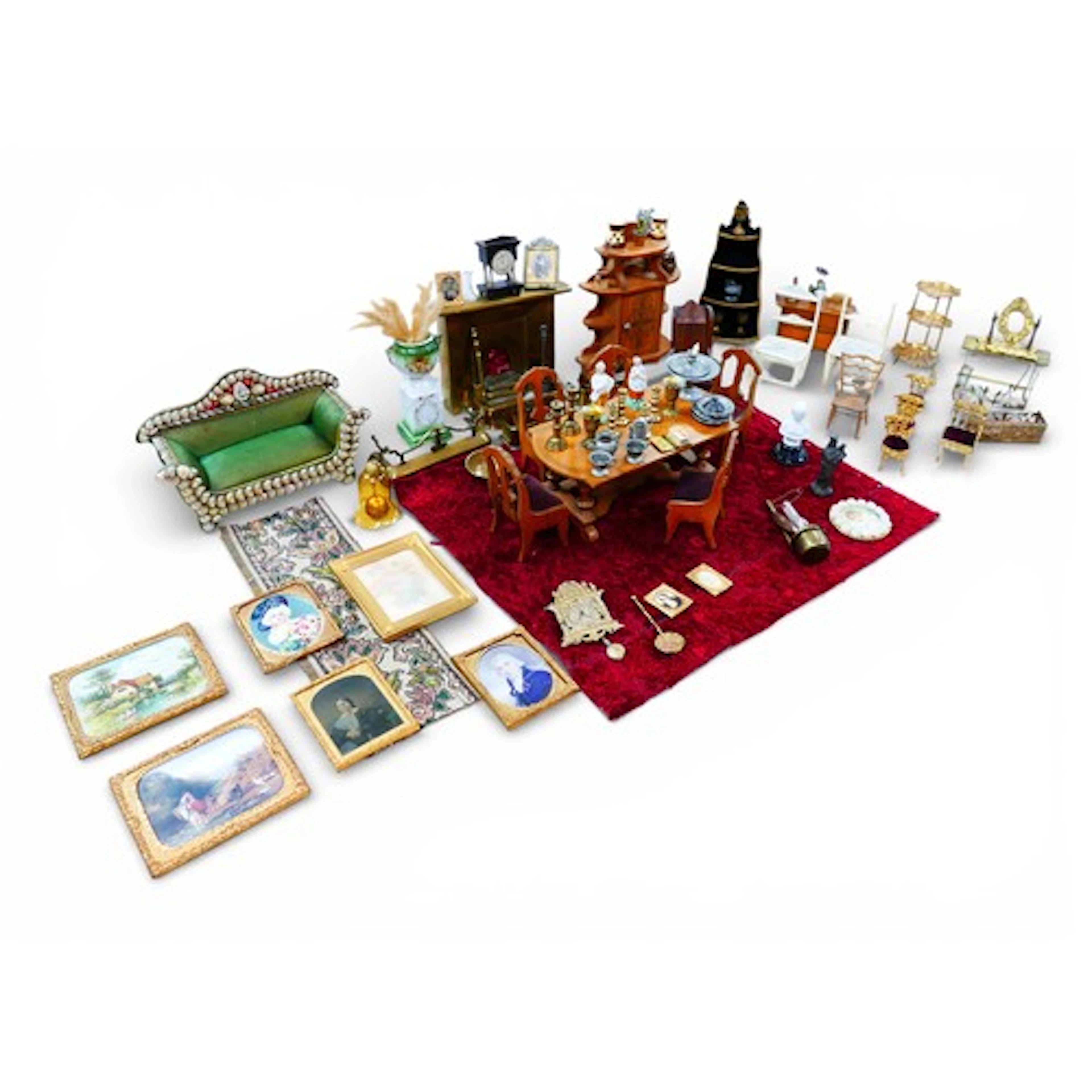A group of doll's house furniture, including a shell decorat...
