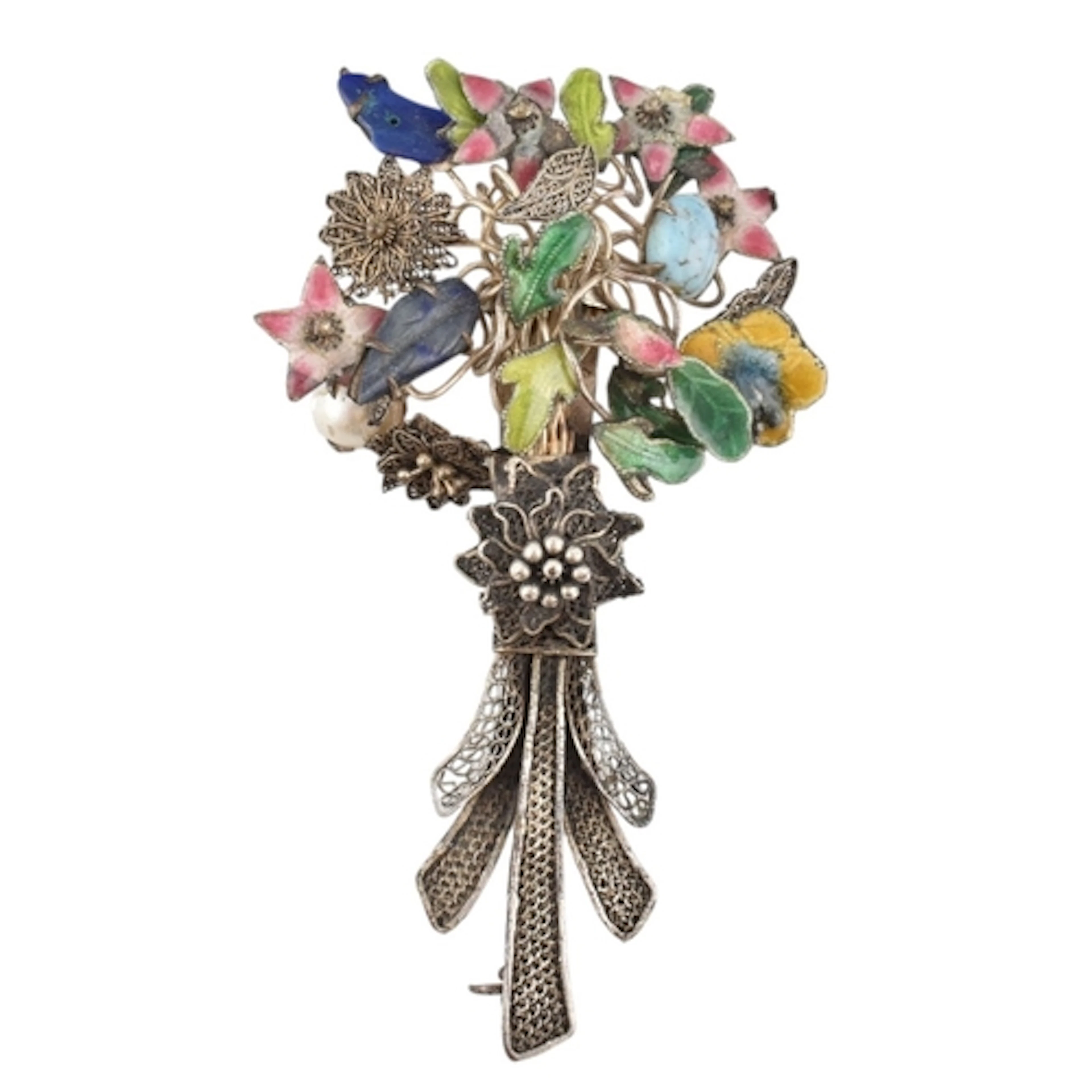A Chinese white metal and coloured enamel flower spray bouqu...