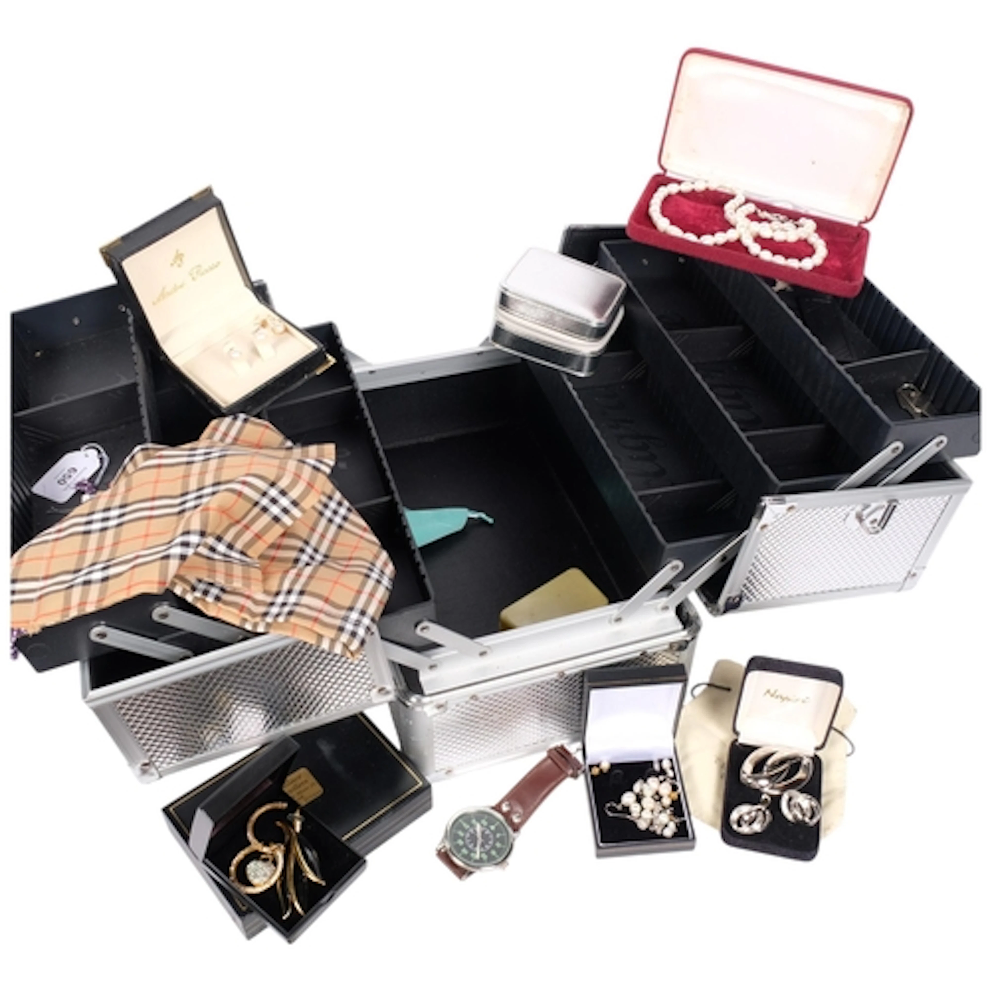 A cantilever jewellery box, containing various jewellery, in...