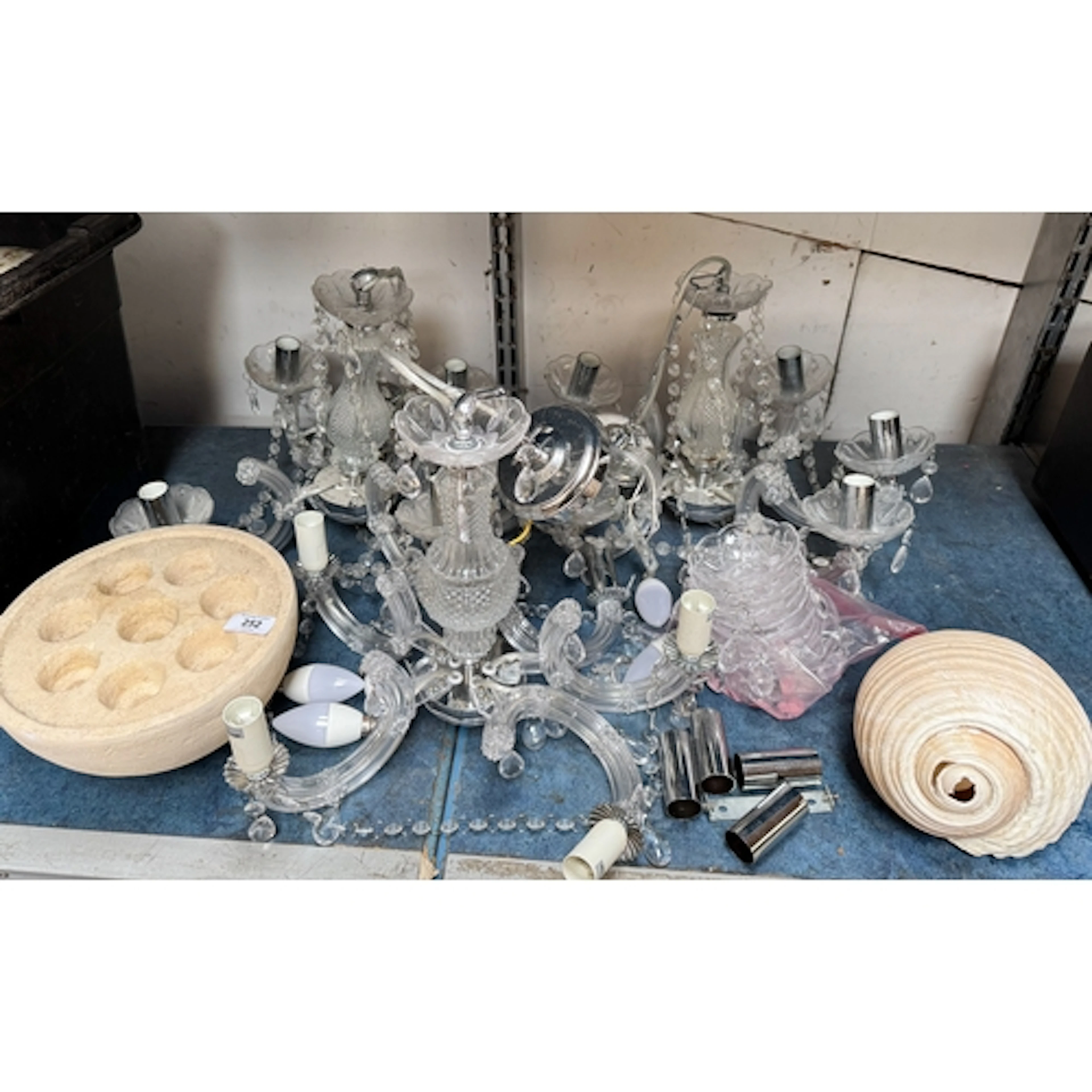 Three cut glass five branch ceiling chandeliers together wit...