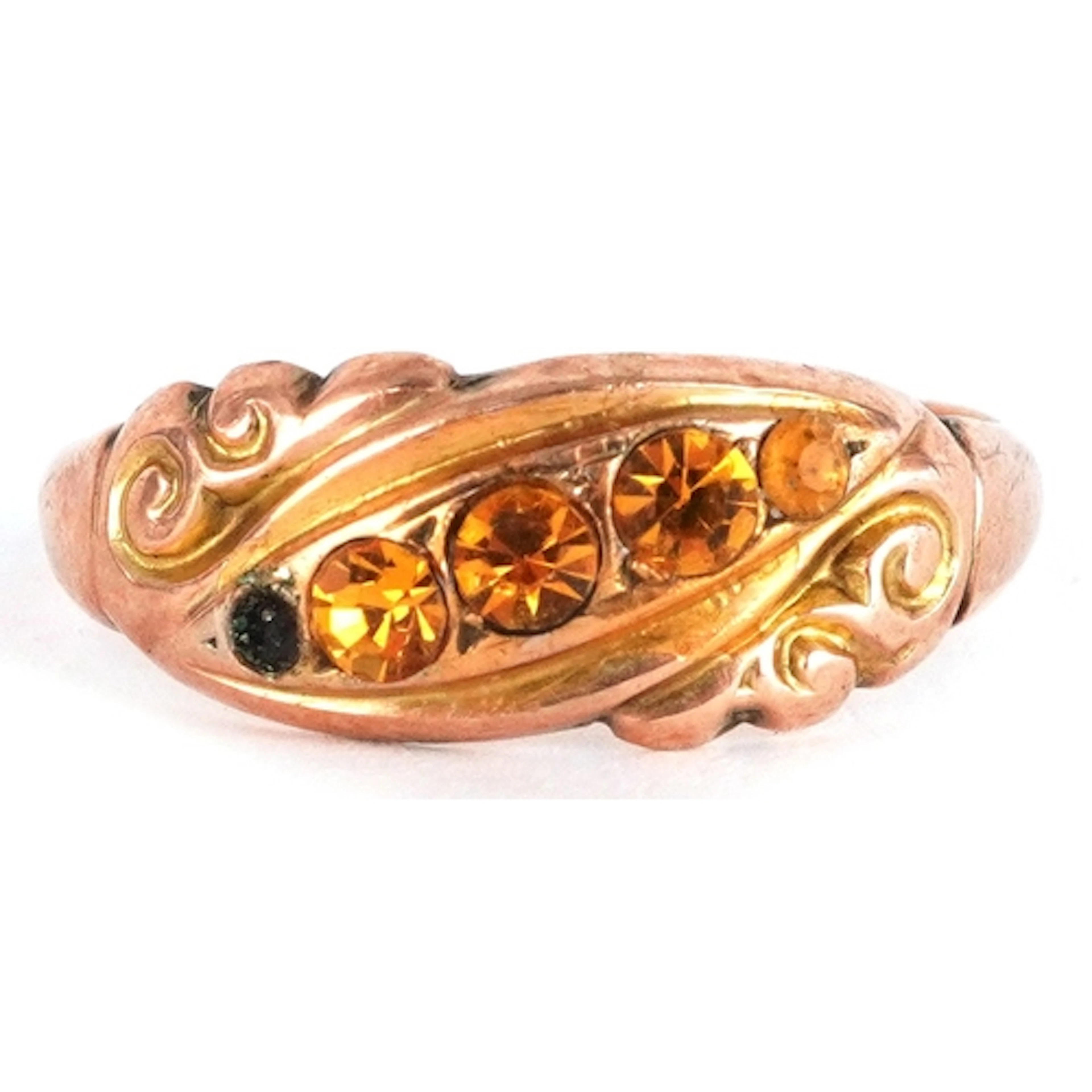 Edwardian 9ct rose gold crossover ring set with orange stone...
