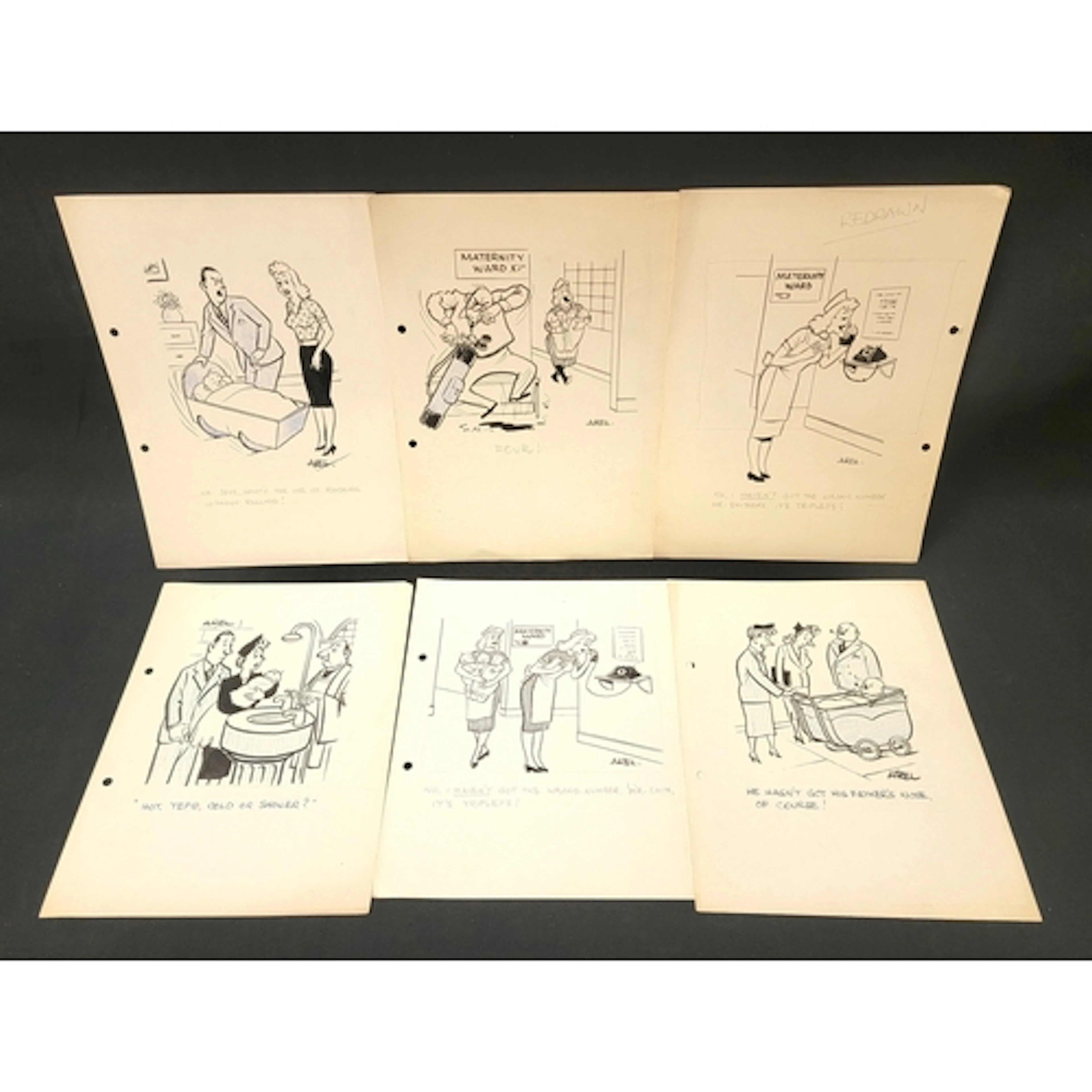 SIX PEN AND INK ORIGINAL SINGLE-PANEL CARTOONS circa 1940s/5...