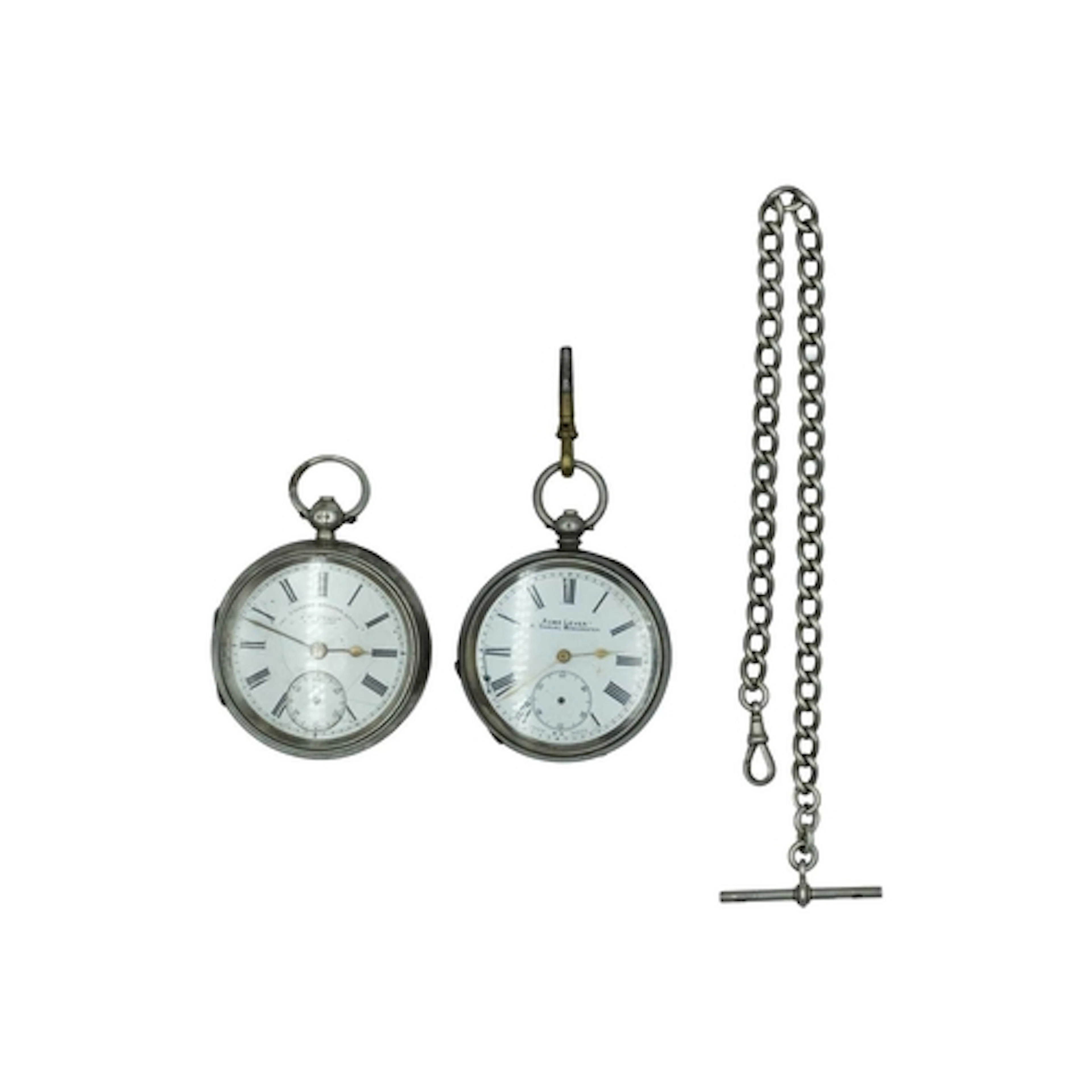 Two silver-cased key wind lever pocket watches, and a curb-l...
