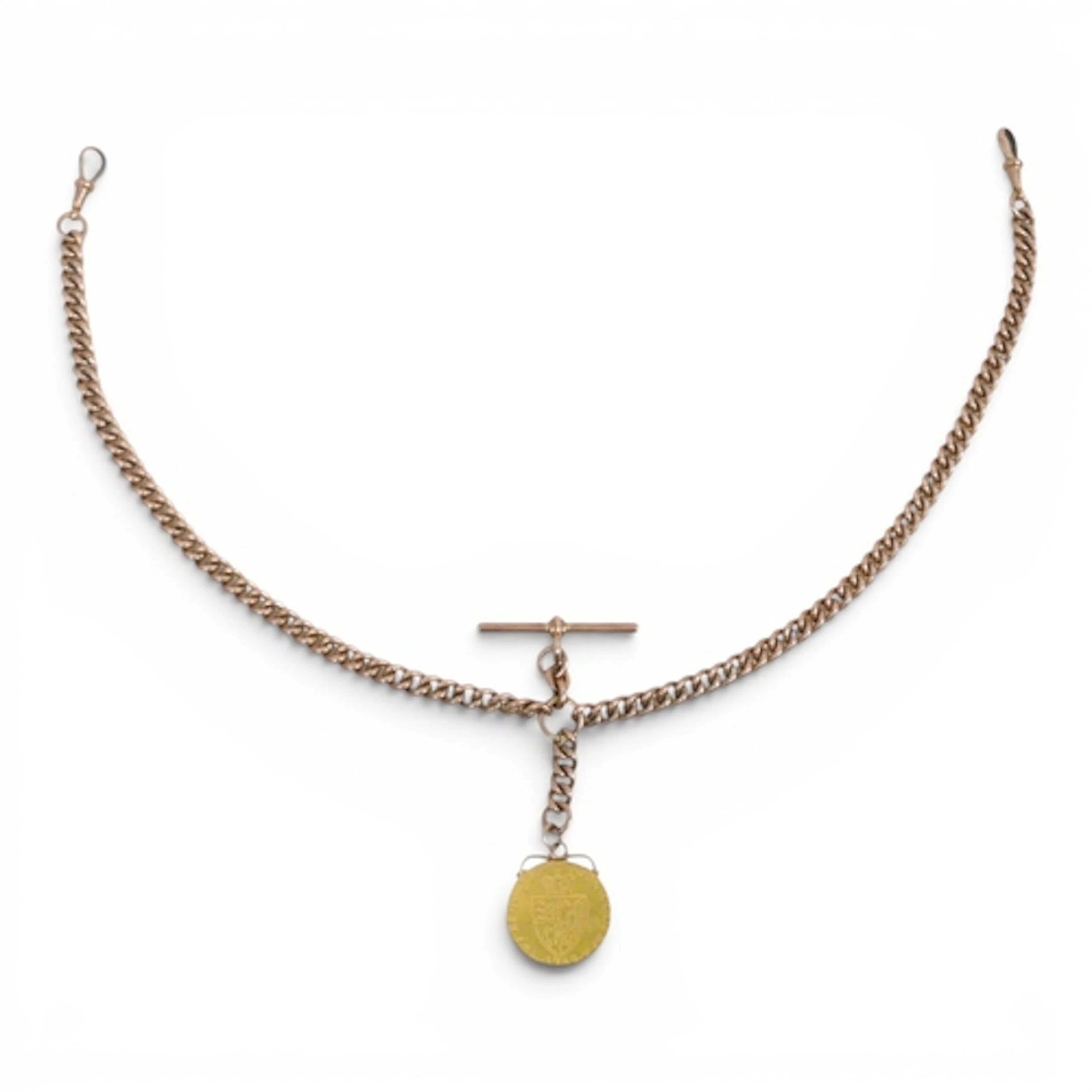 A GEORGE III SPADE GUINEA ON 9CT ROSE GOLD DOUBLE ALBERT FOB...