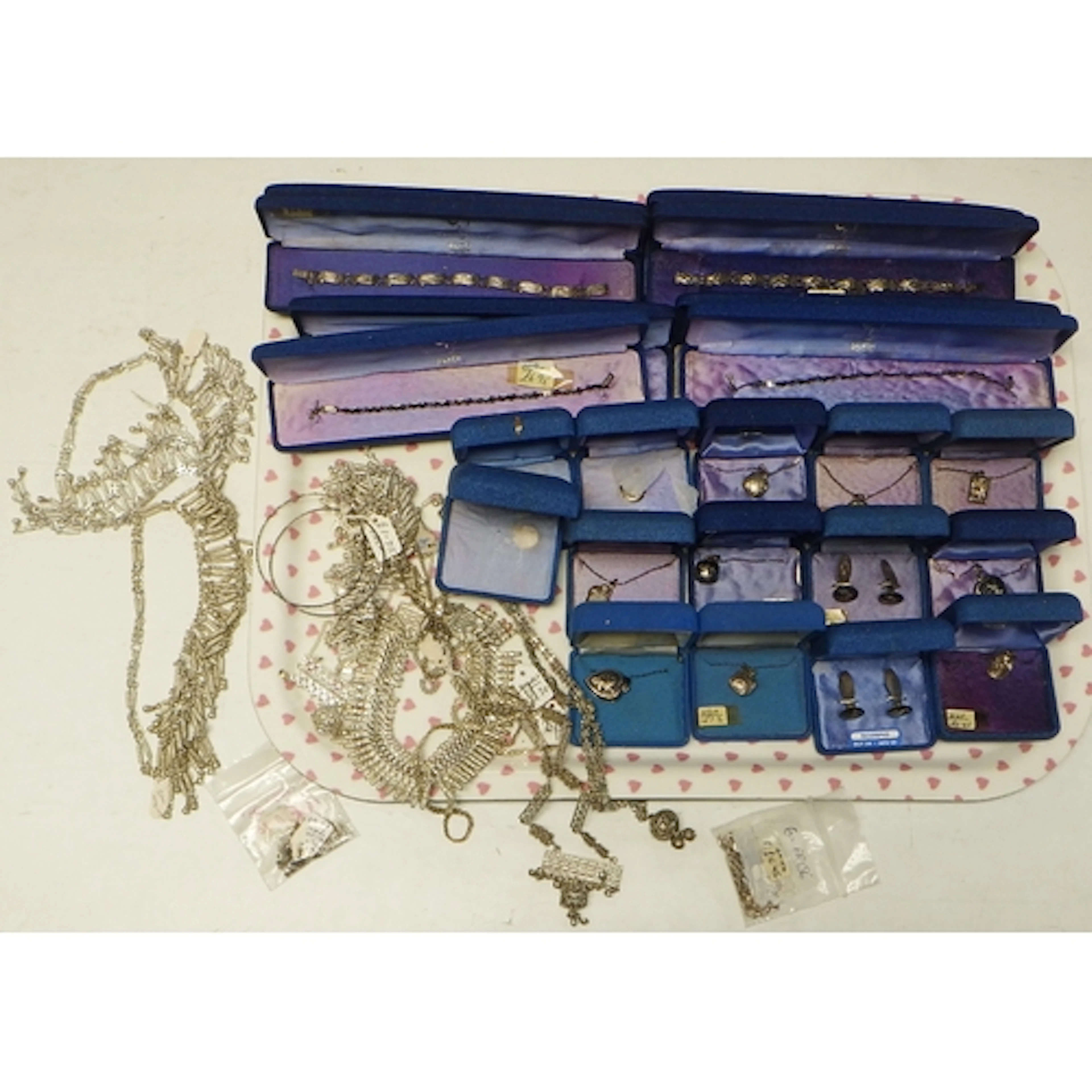 White metal and other jewellery incl necklaces, boxed bracel...