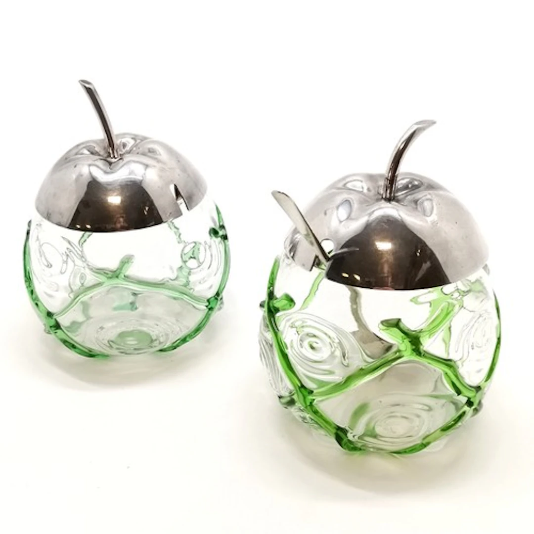 2 x Art Nouveau fruit shaped jam pots with silver plated lid...