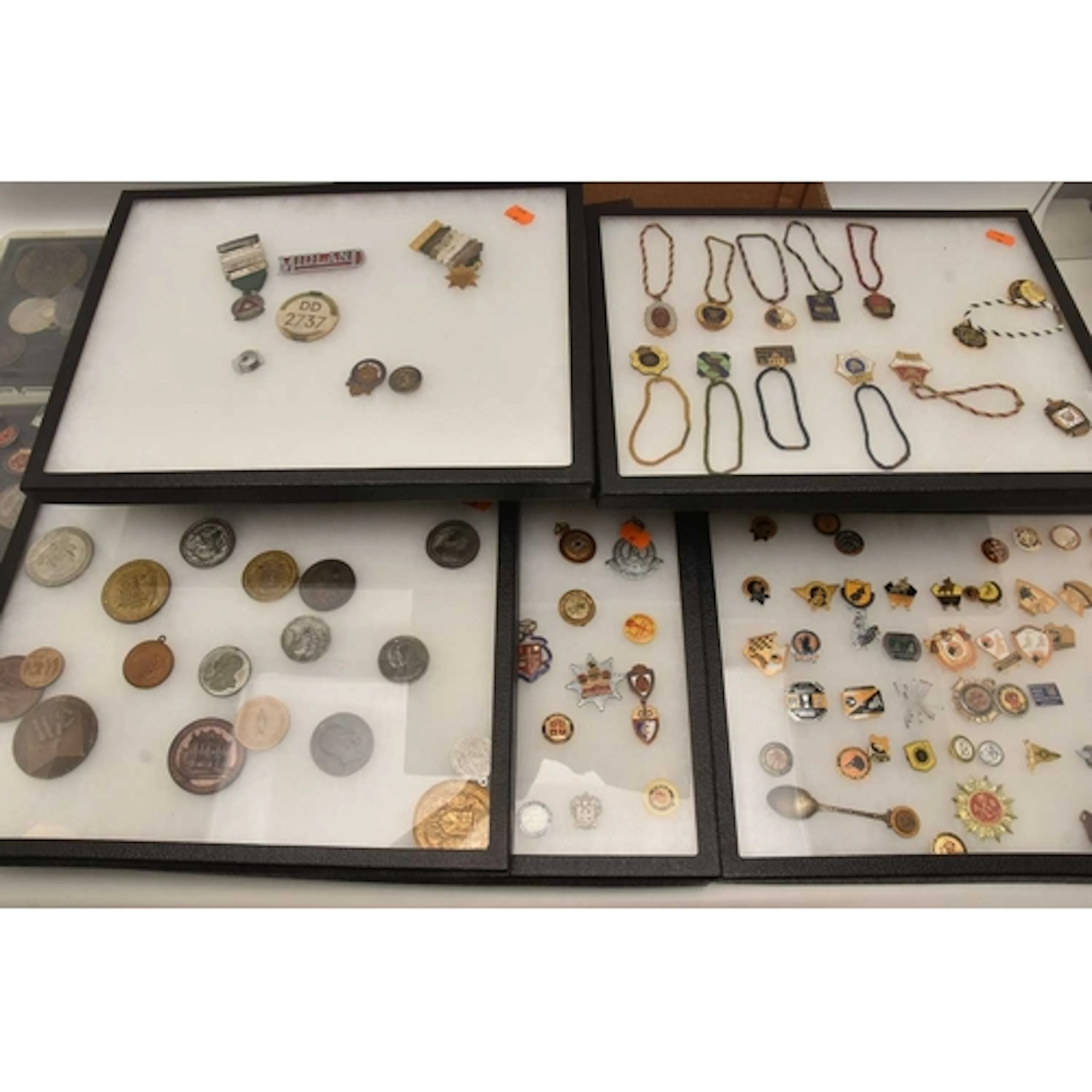TWO BOXES OF ASSORTED MEDALS, MEDALLIONS, FOB MEDALS, PIN BA...