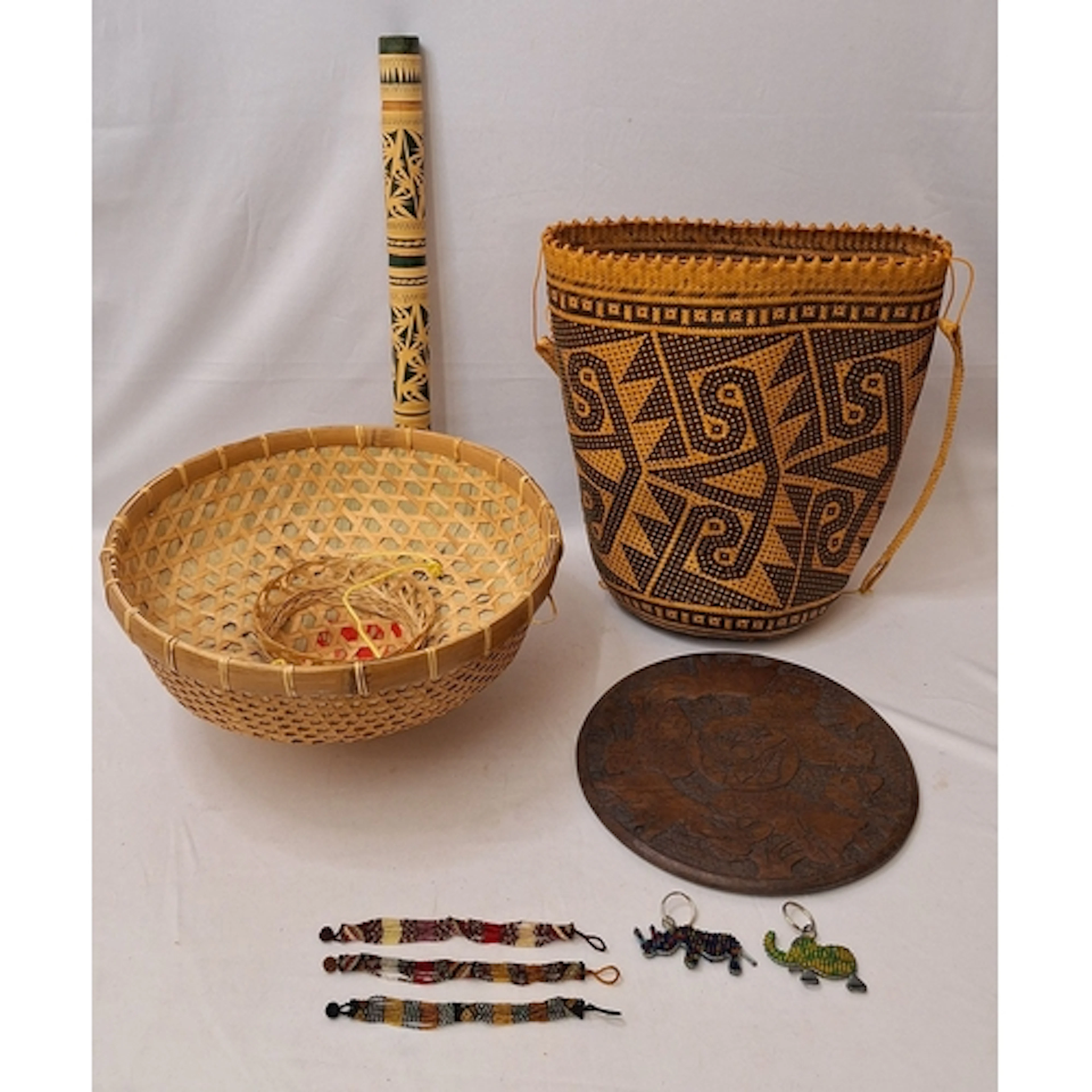 African Beadwork 3 Bracelets, 2 keyrings, South African carv...