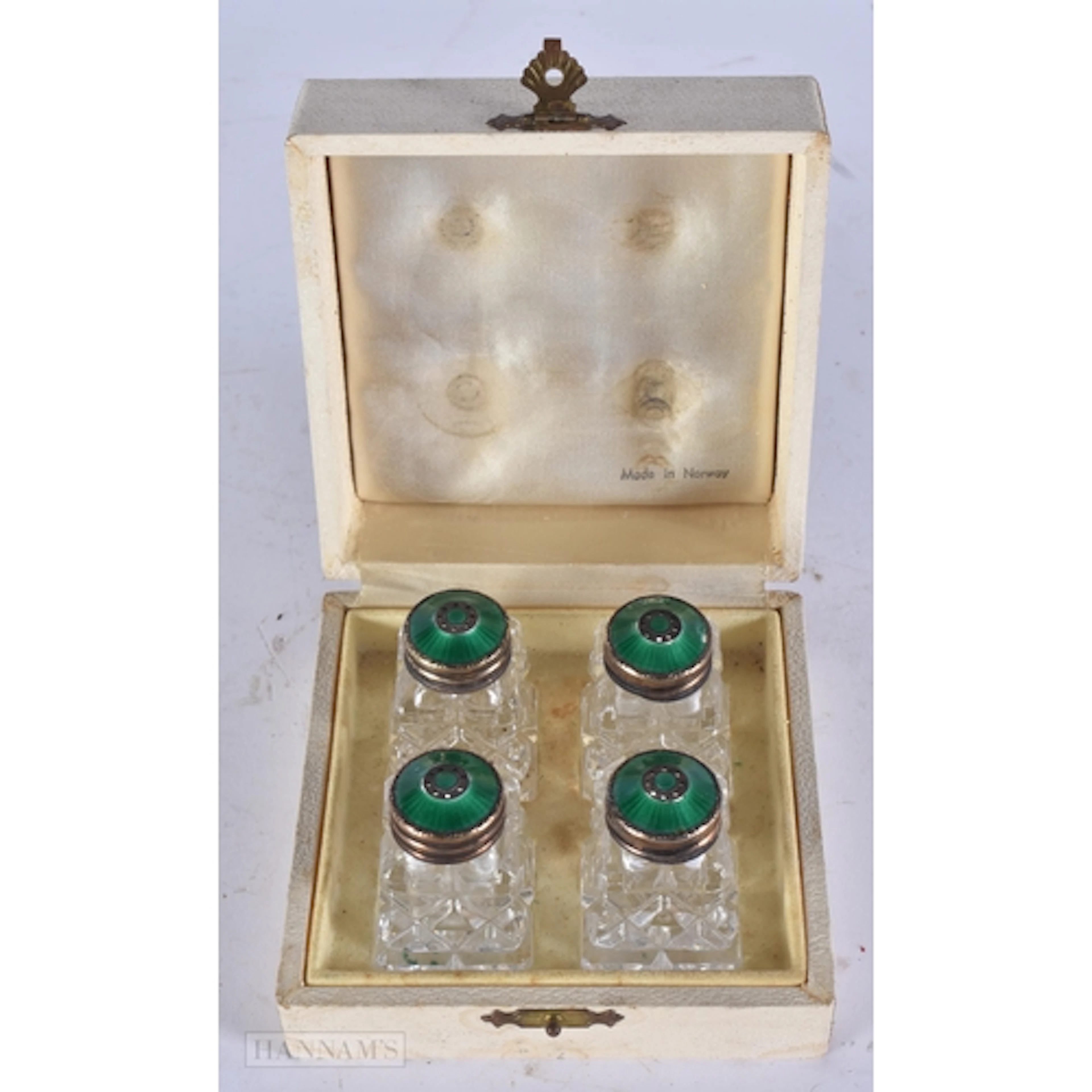 FOUR DANISH SILVER AND ENAMEL CONDIMENTS. 6 cm high. (4)