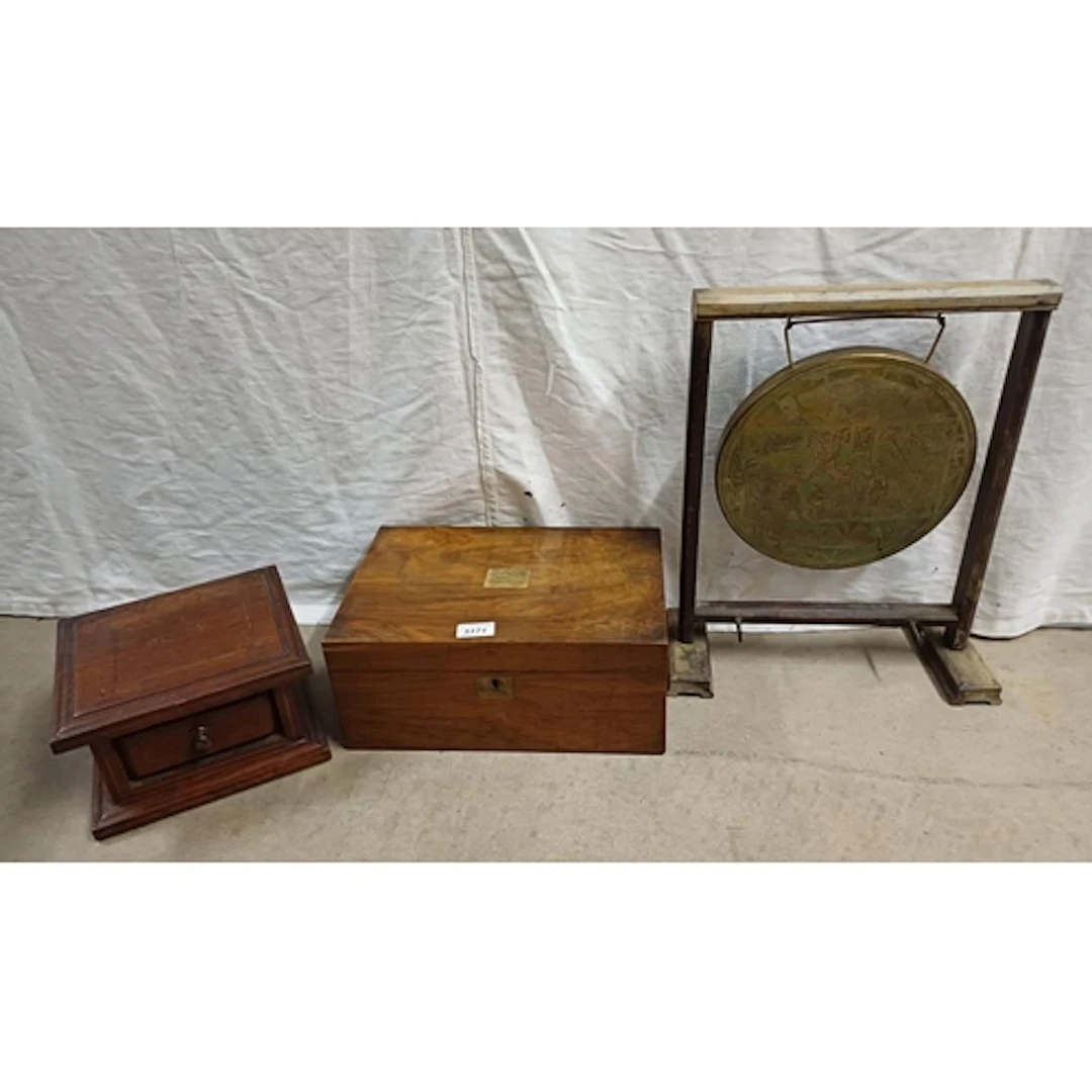 WALNUT WRITING SLOPE, TABLE TOP CHEST & GONG