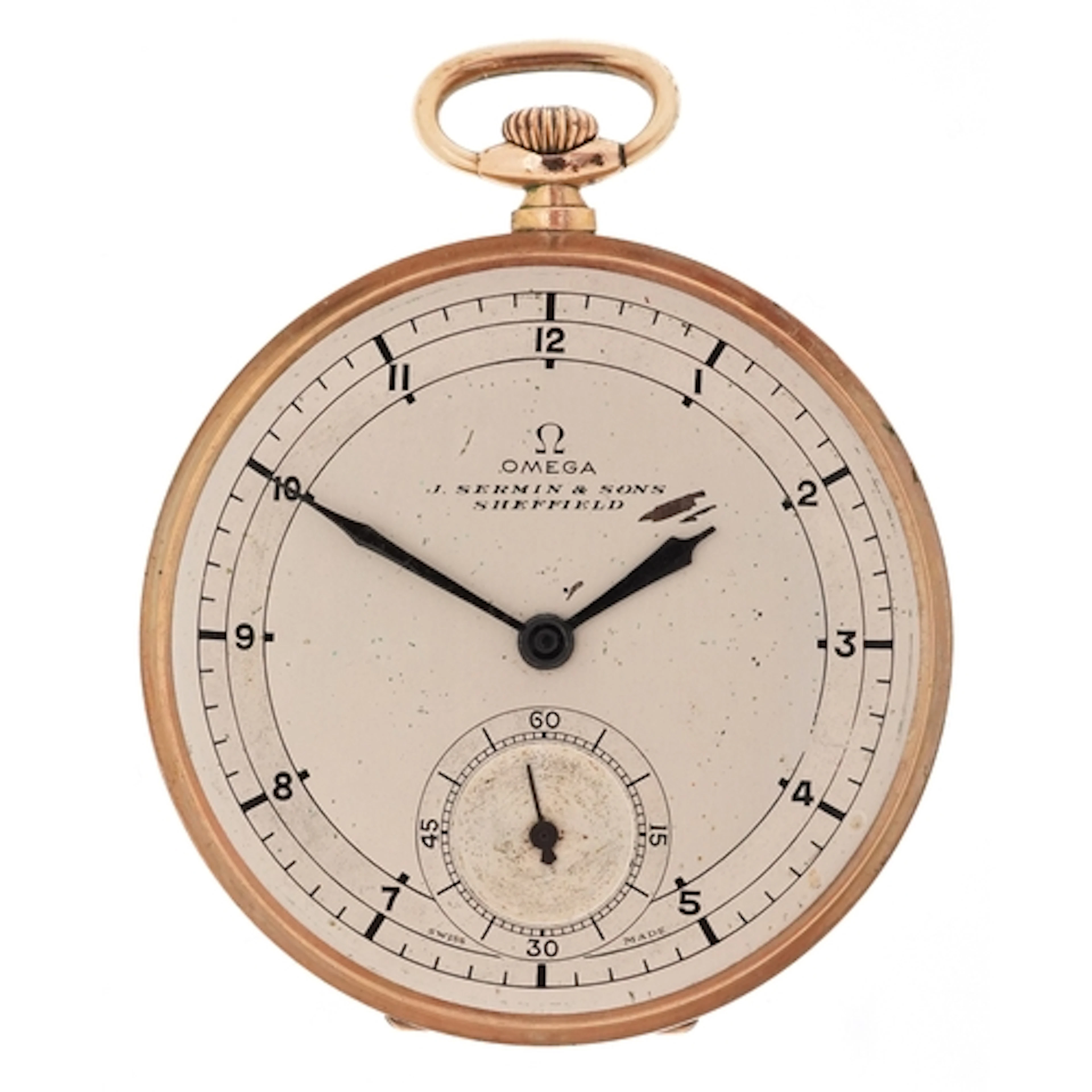 Omega gentlemen's gold plated open face top wind pocket watc...