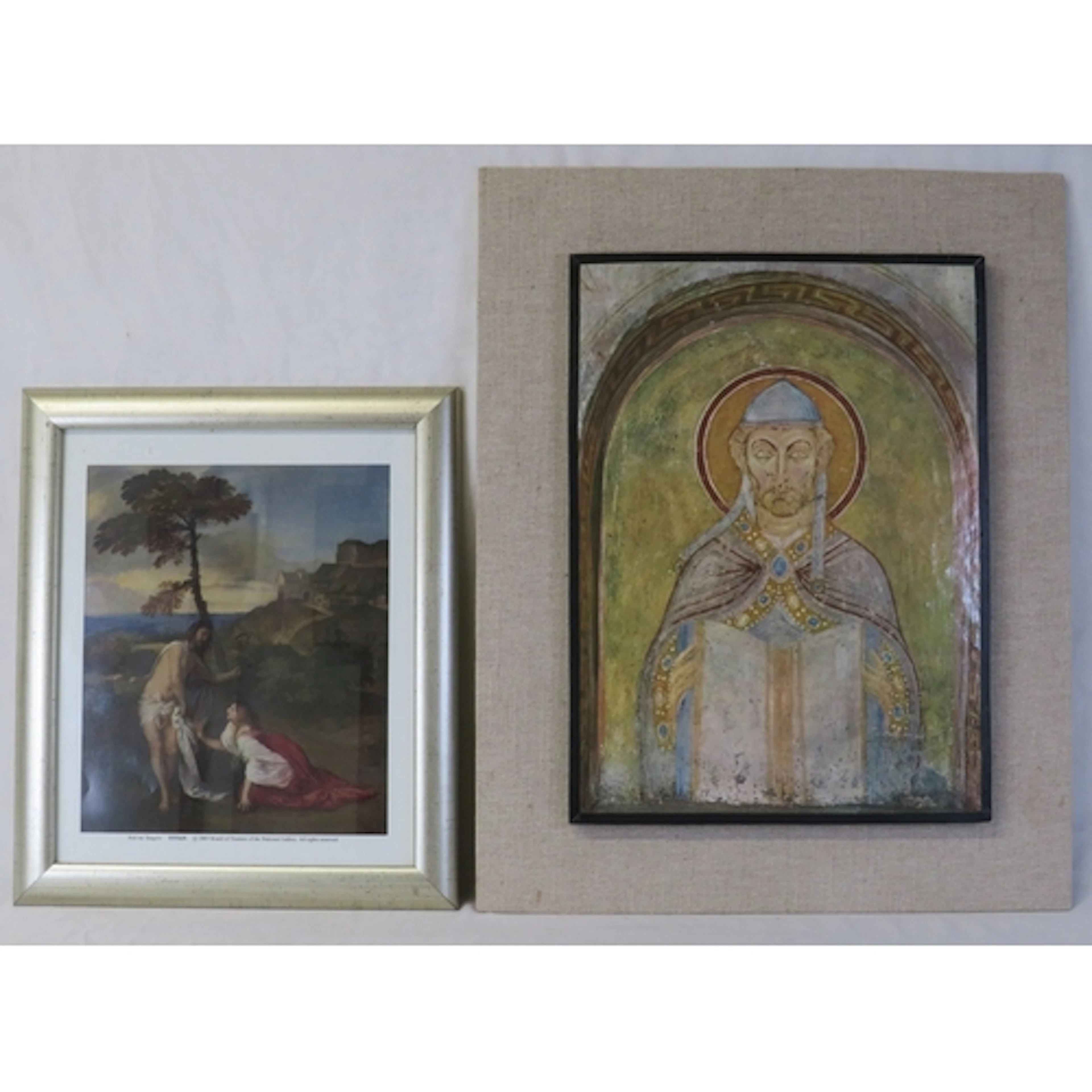 2 Prints, religious figure & 2 figures in a landscape by Tit...