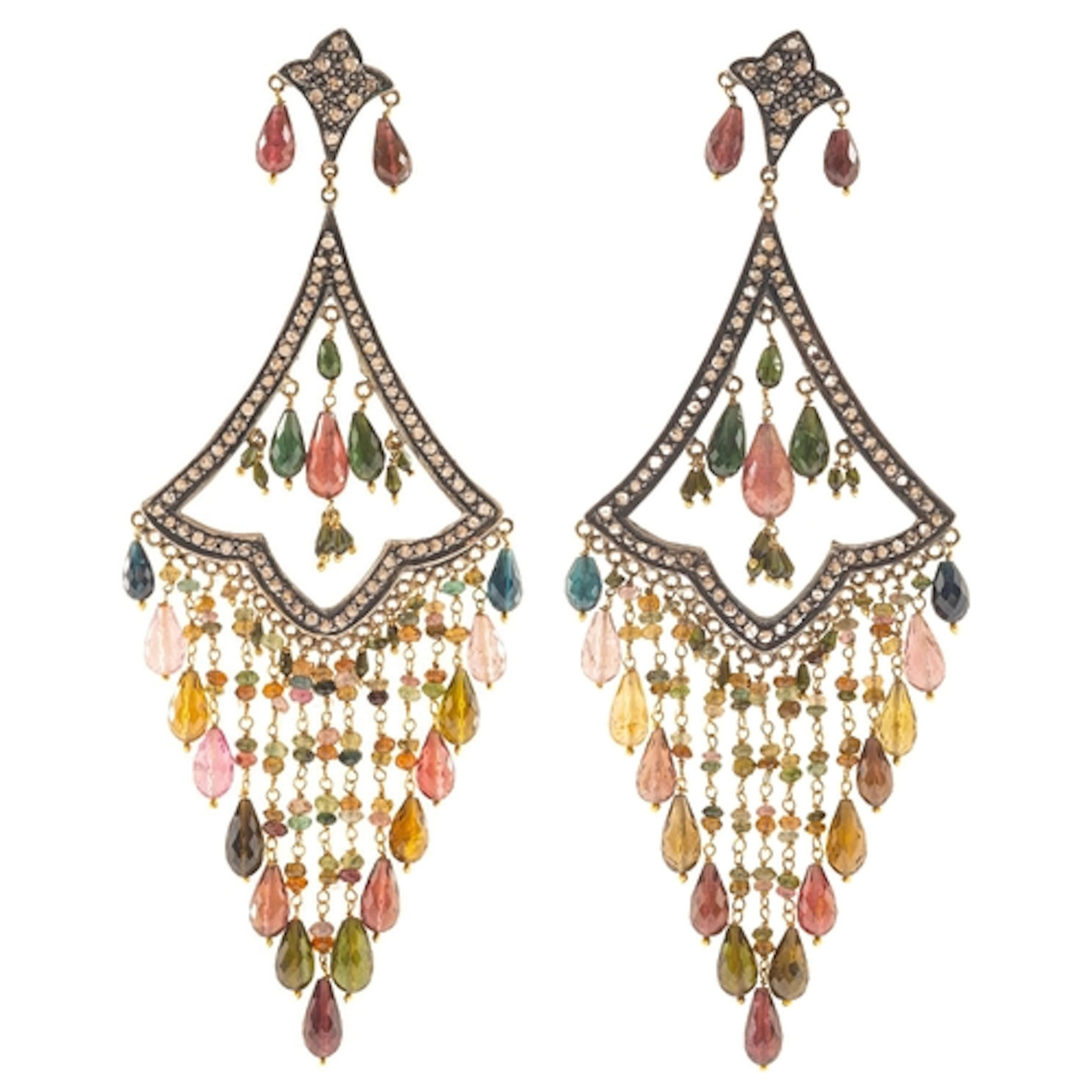 A pair of impressive diamond and tourmaline chandelier earri...