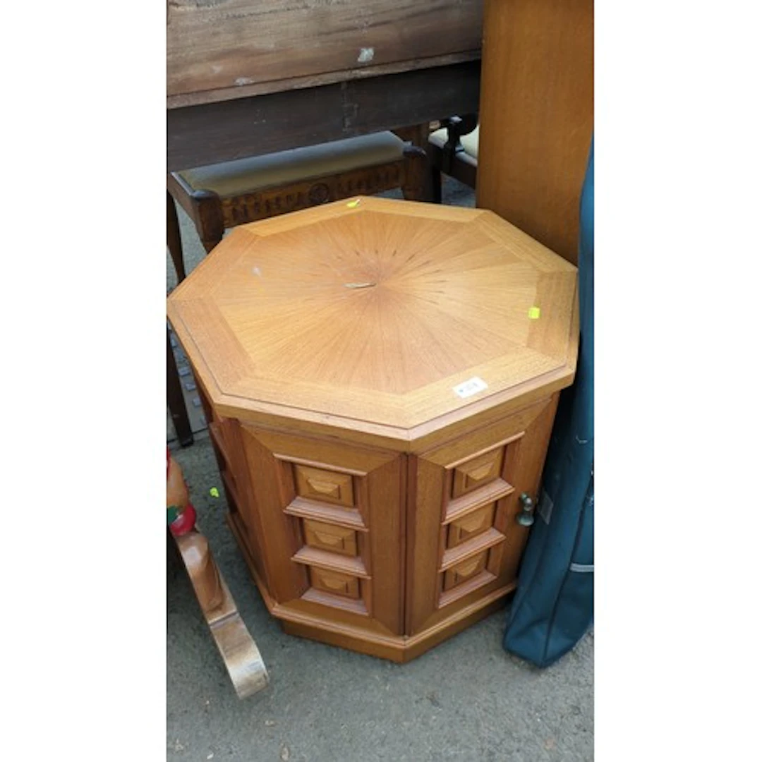 Octagonal oak cabinet with a radial-veneered top, geometrica...