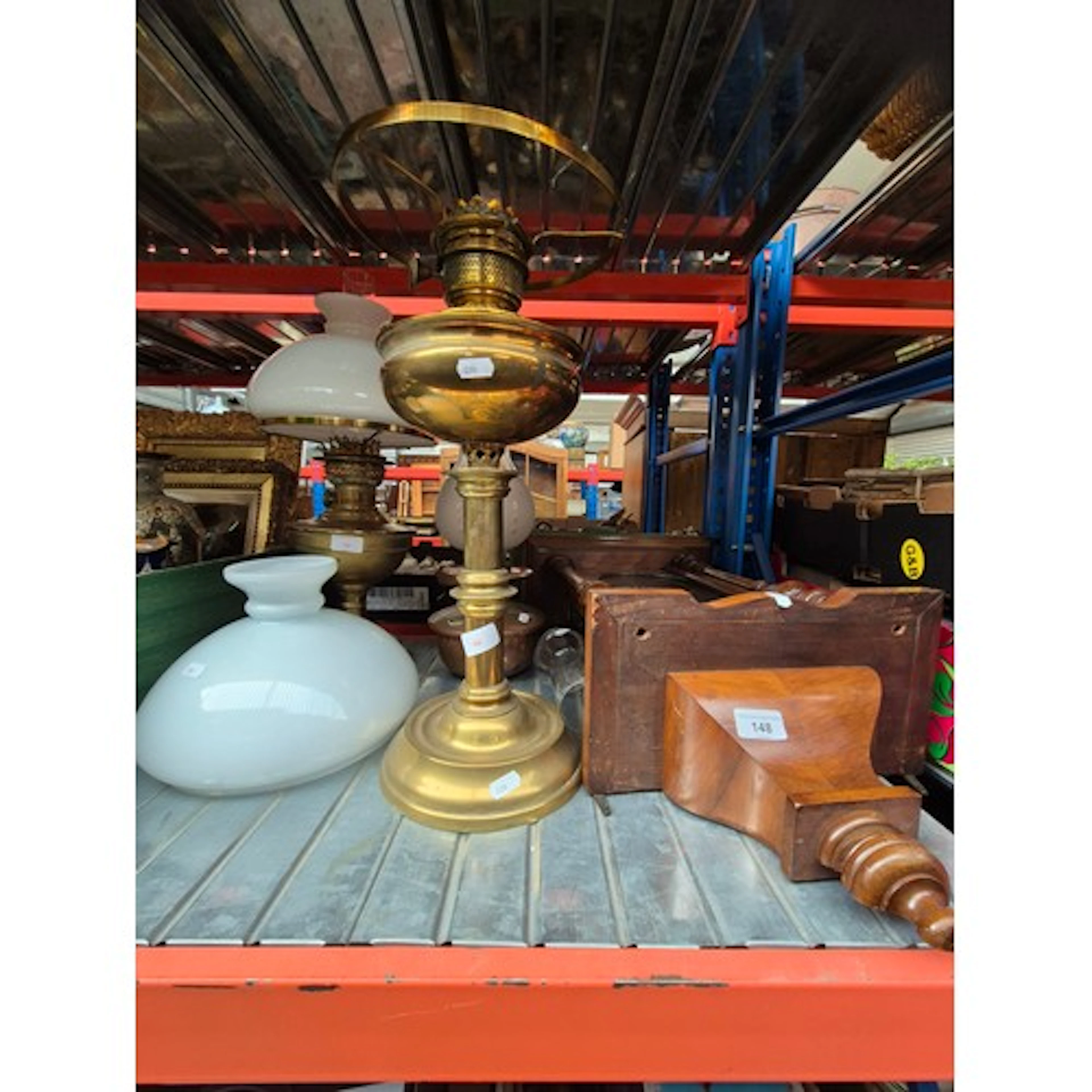 A Vienna wall clock, 3 brass oil lamps with glass shades
