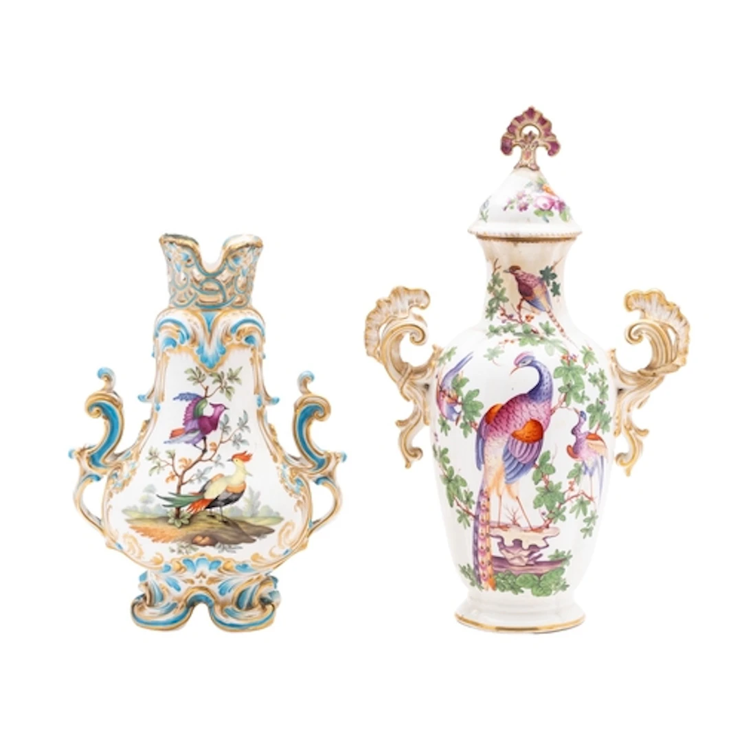 Two mid 19th century English porcelain vases in Chelsea gold...