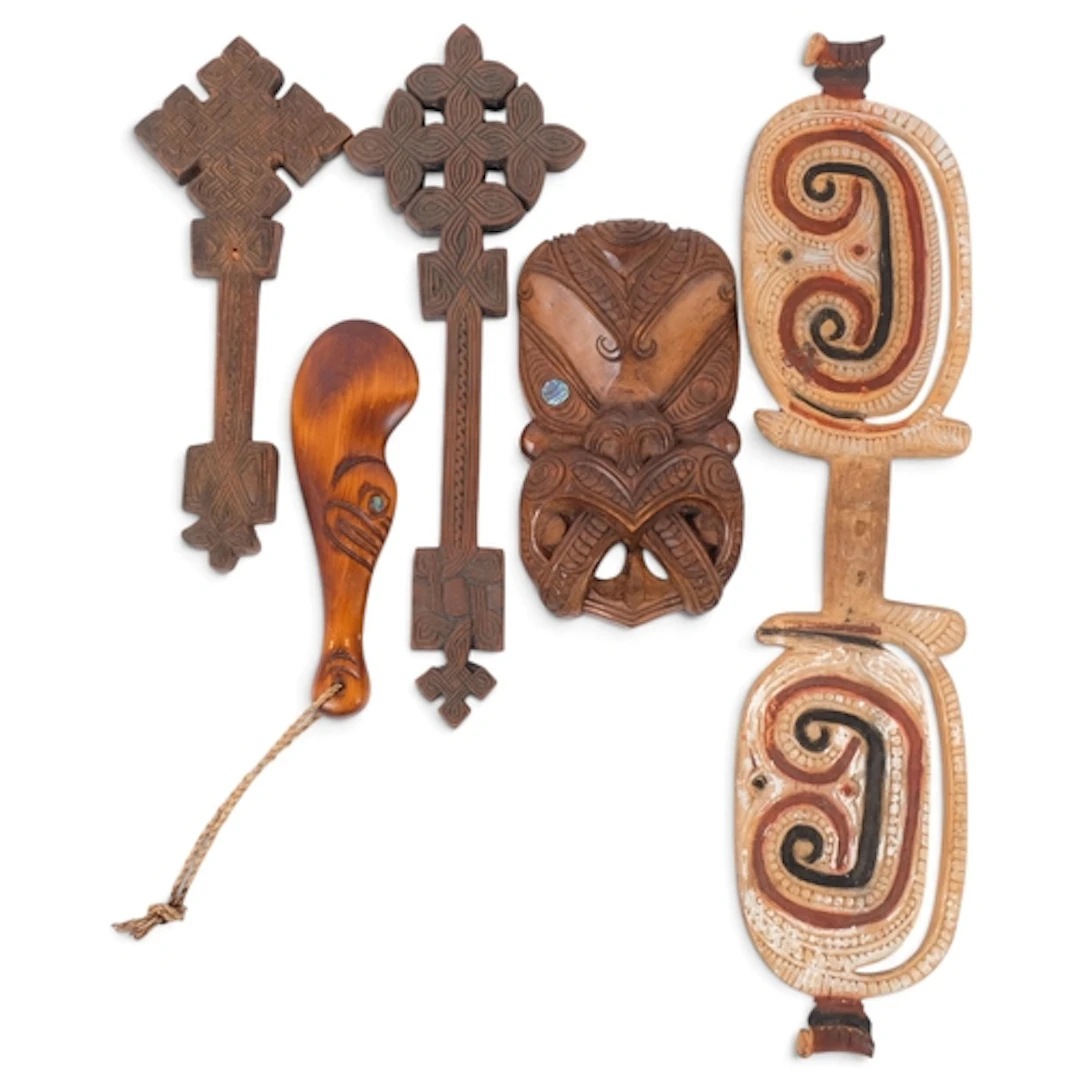2 Ethiopian carved wood hand crosses, largest L47cm, a Papua...