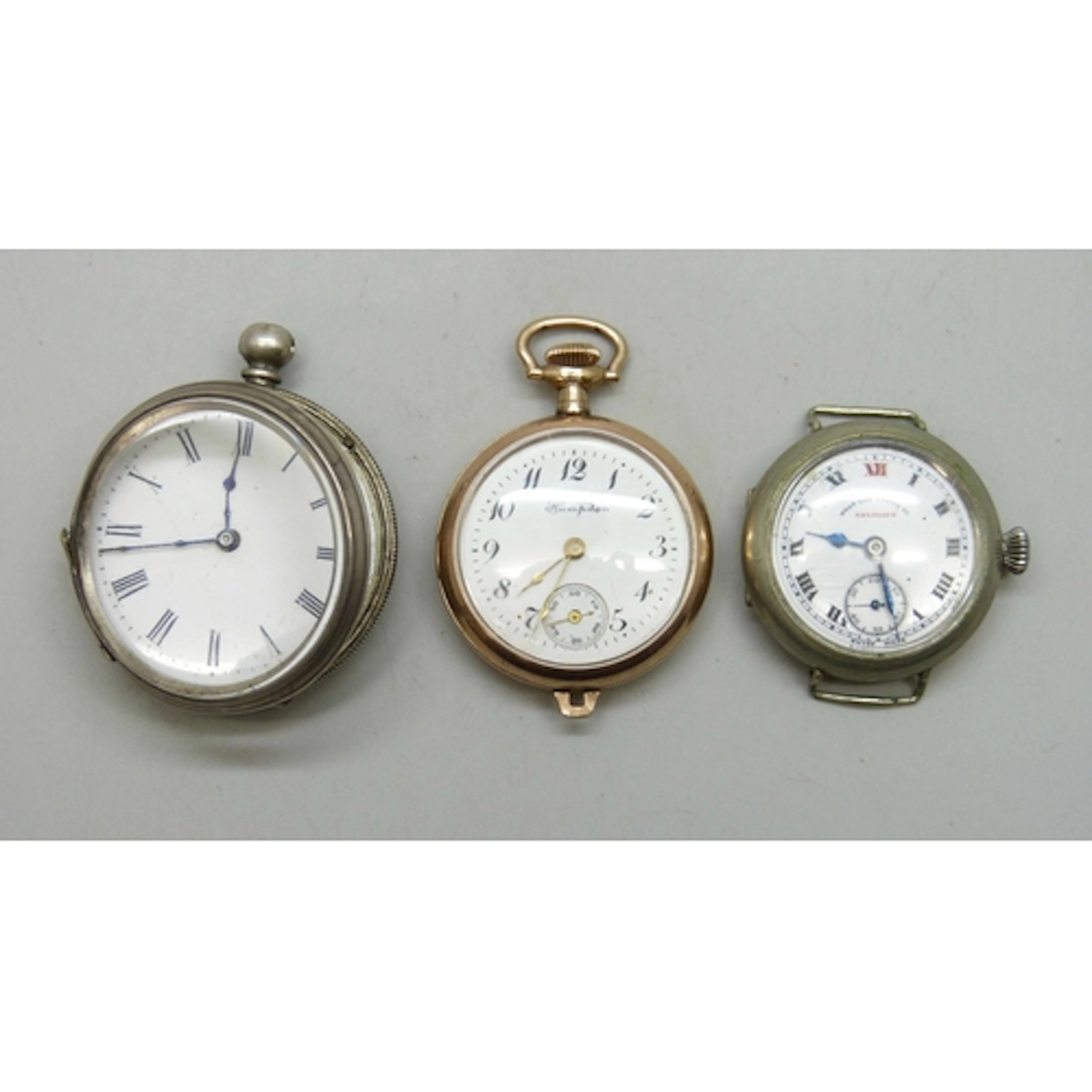 A silver pocket watch, a/f, an American Hampden gold plated ...
