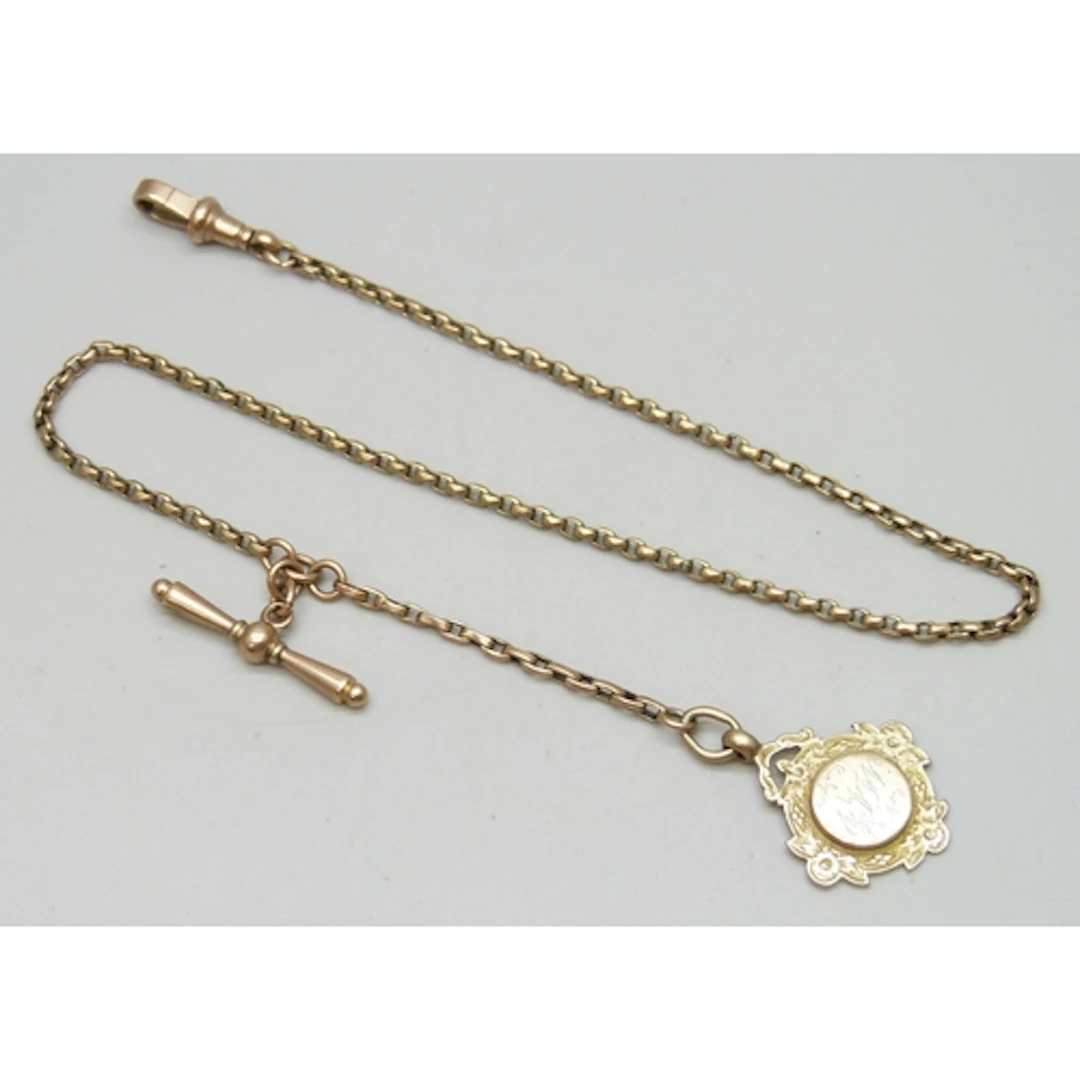 A 9ct gold Albertina watch chain with a 9ct gold fob, 10.5g ...