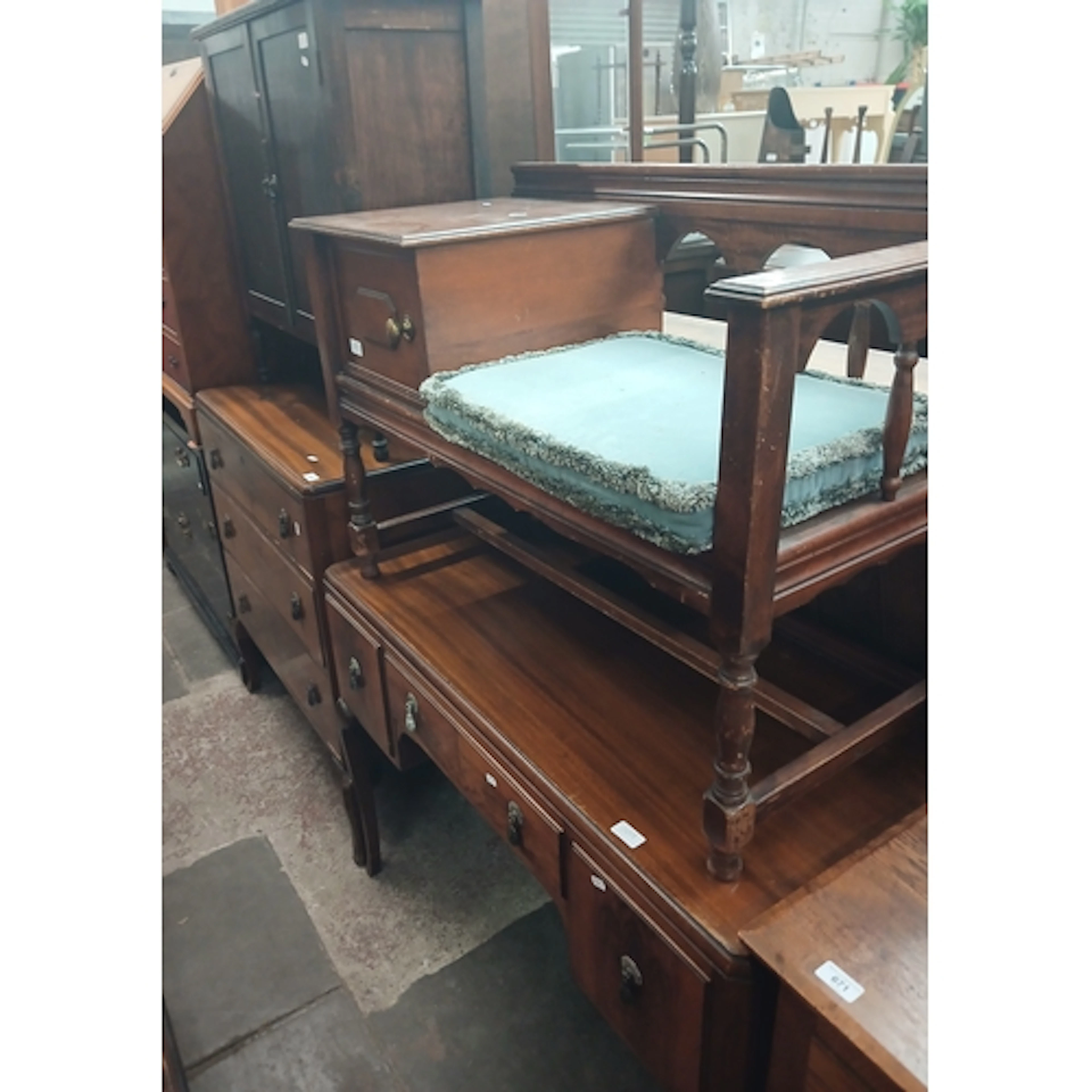 Four pieces of furniture; cabinet, telephone seat, dressing ...