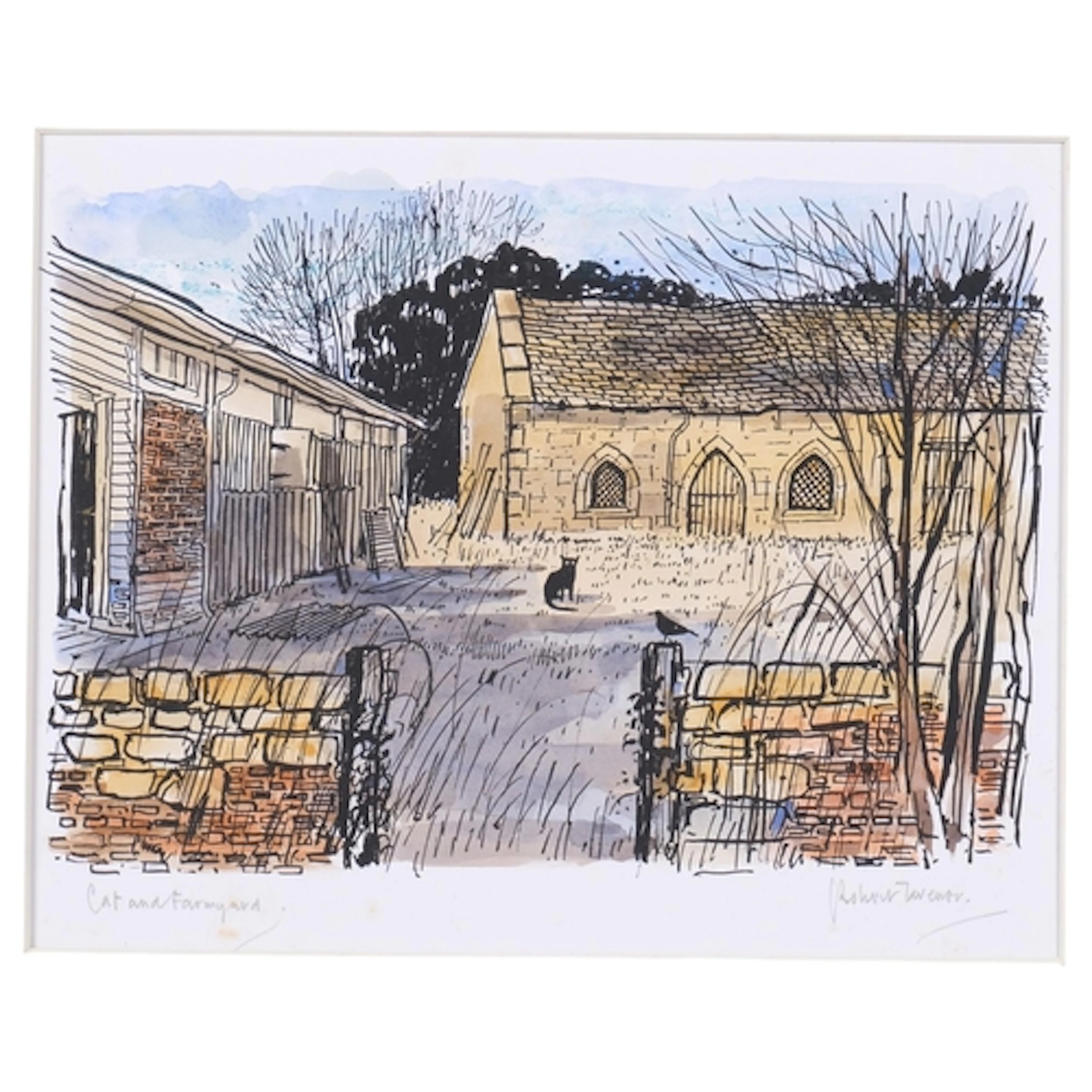 Robert Tavener (1920 - 2004), Cat And Farmyard, hand-coloure...