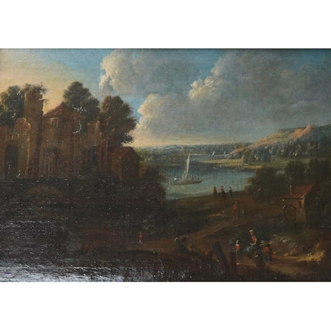 Dutch School, 18th century, River landscape with buildings a...