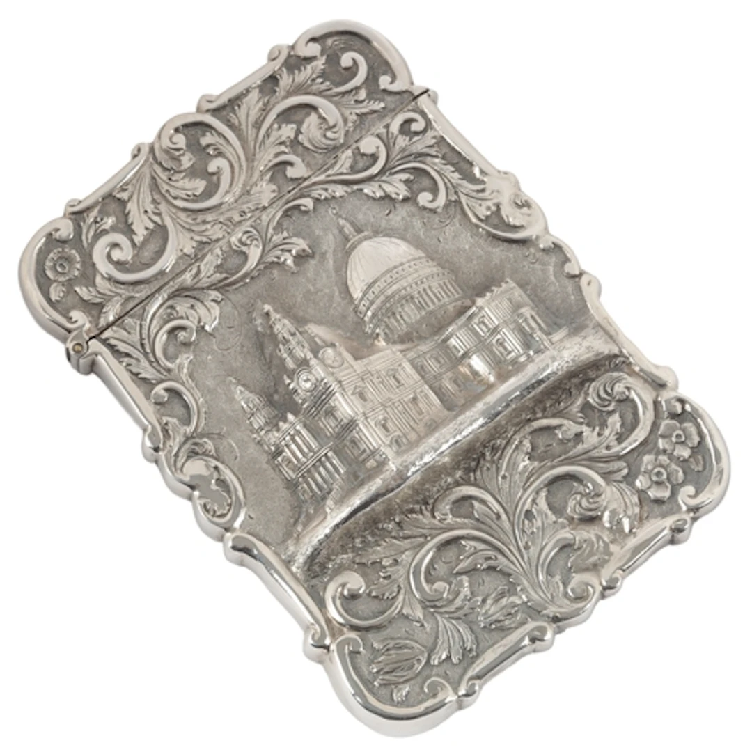 A Victorian silver castle top card case, by Nathaniel Mills,...