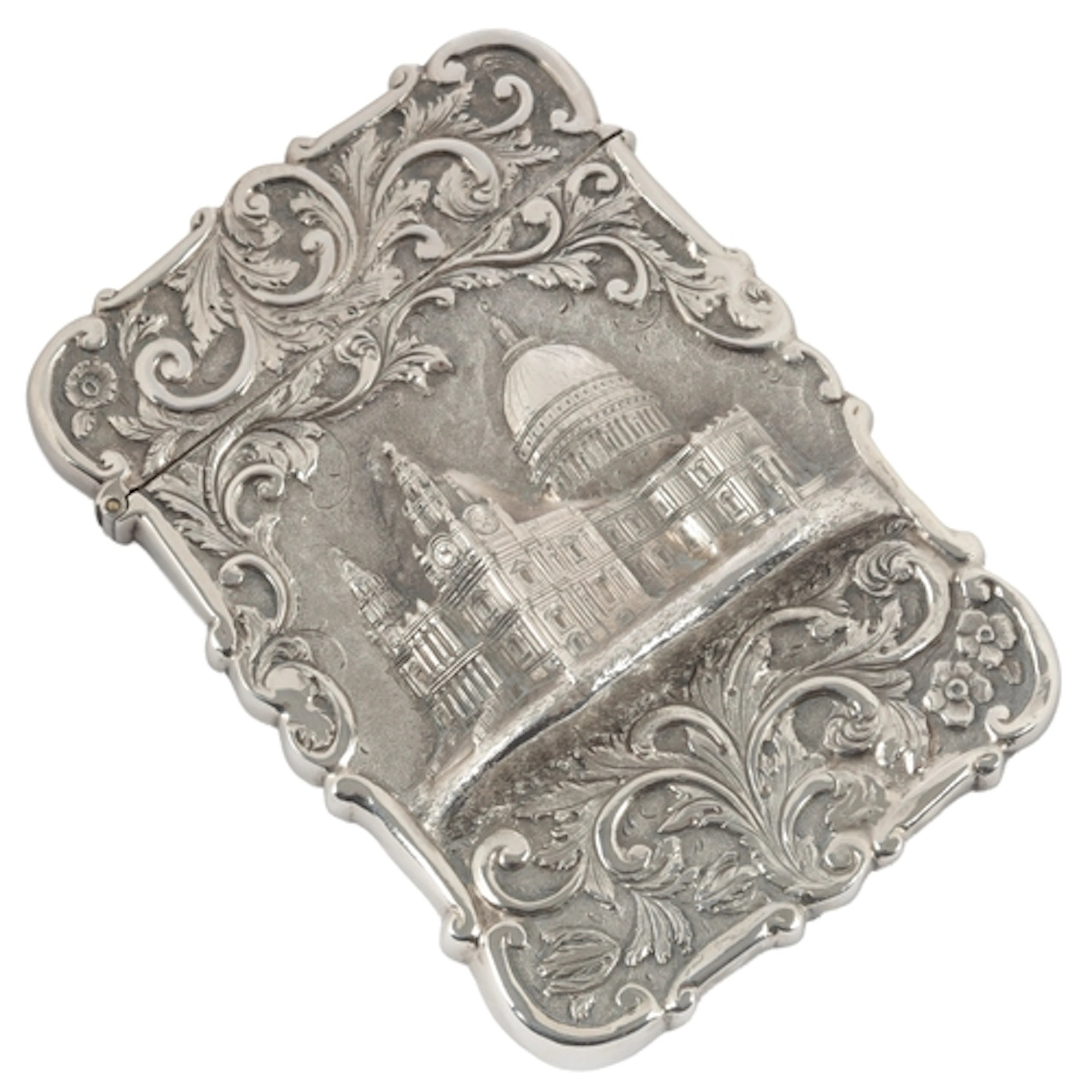 A Victorian silver castle top card case, by Nathaniel Mills,...