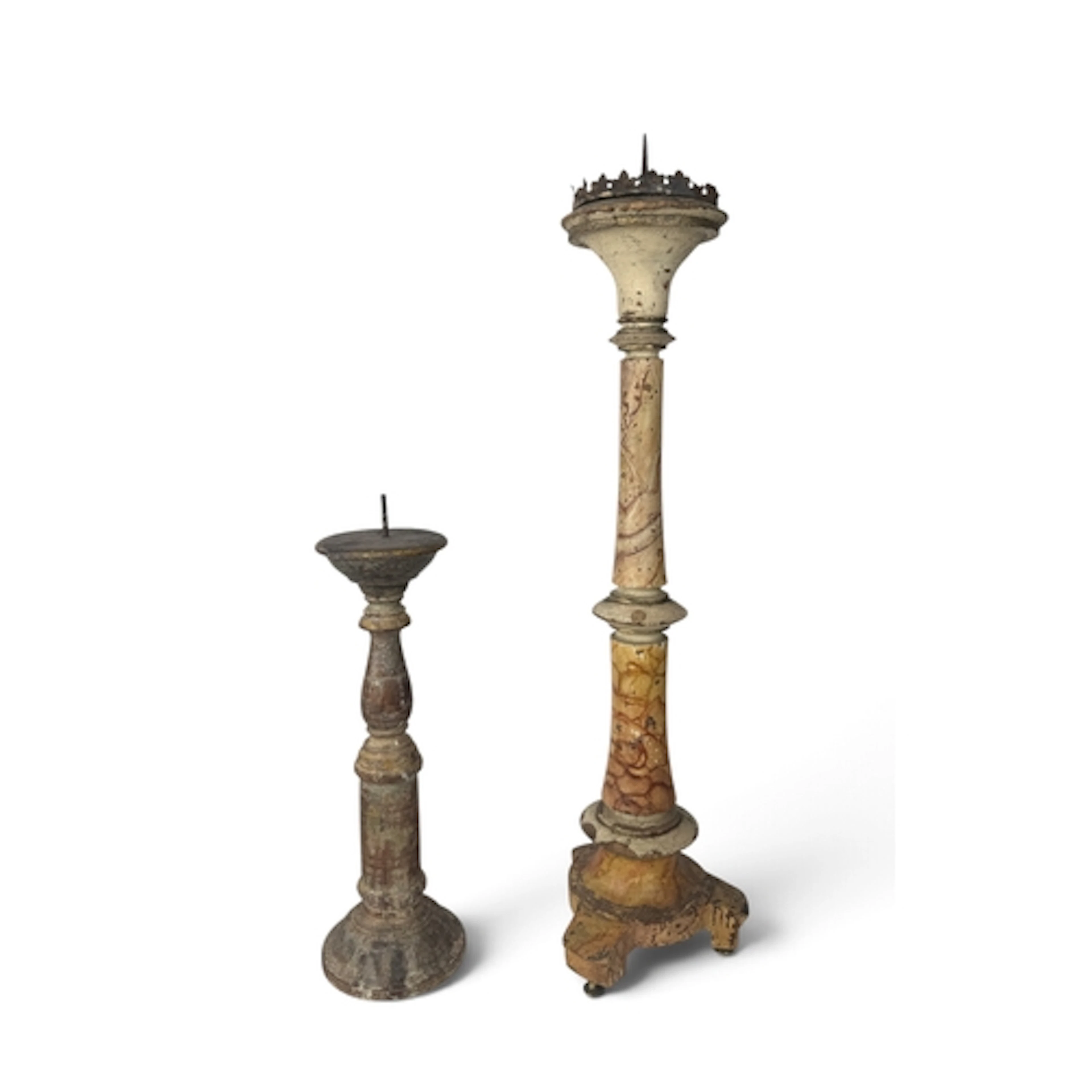 TWO PAINTED WOODEN PRICKET CANDLESTICKS Tallest 69cm H...