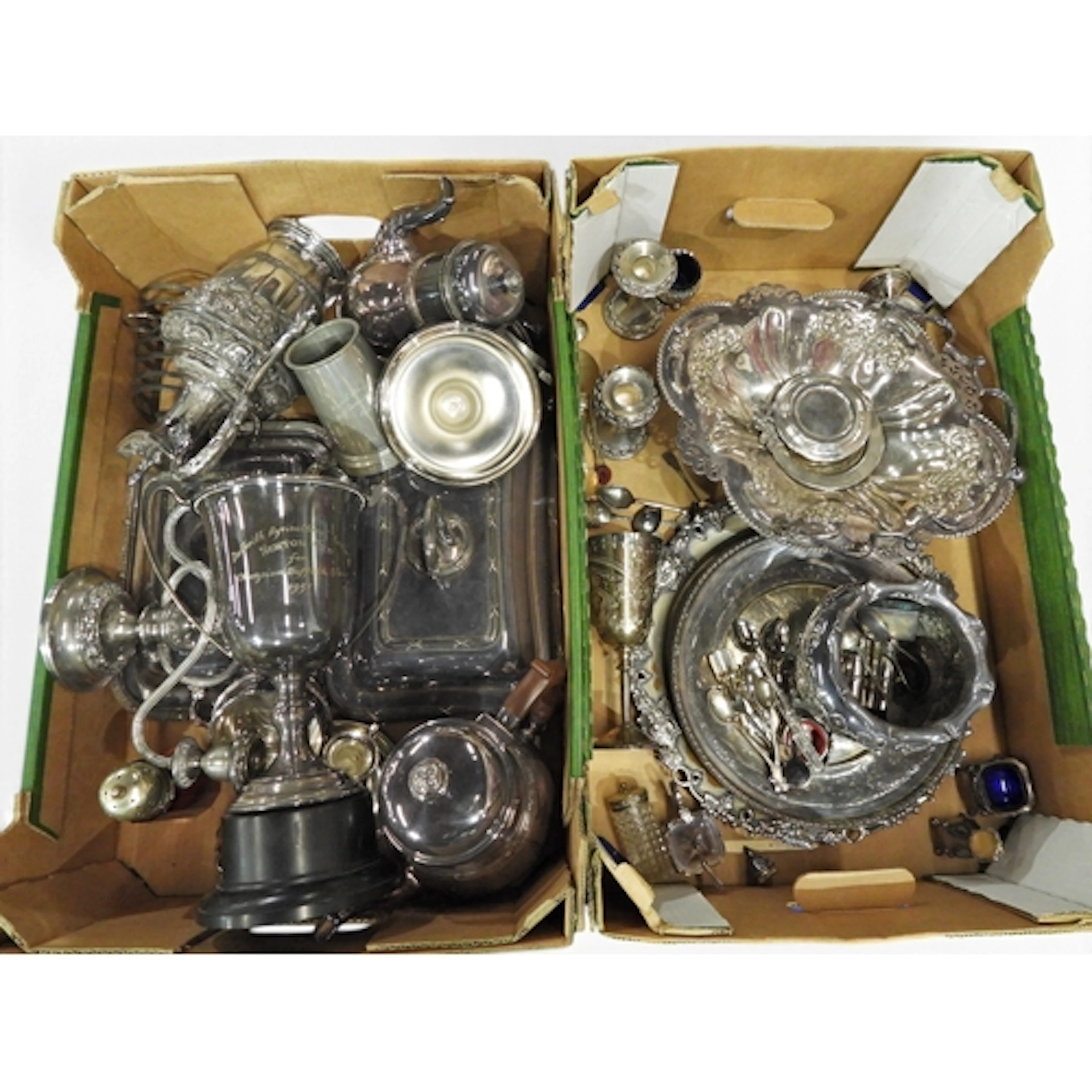 Two boxes of EPNS and silver plate to include trophy's, cond...