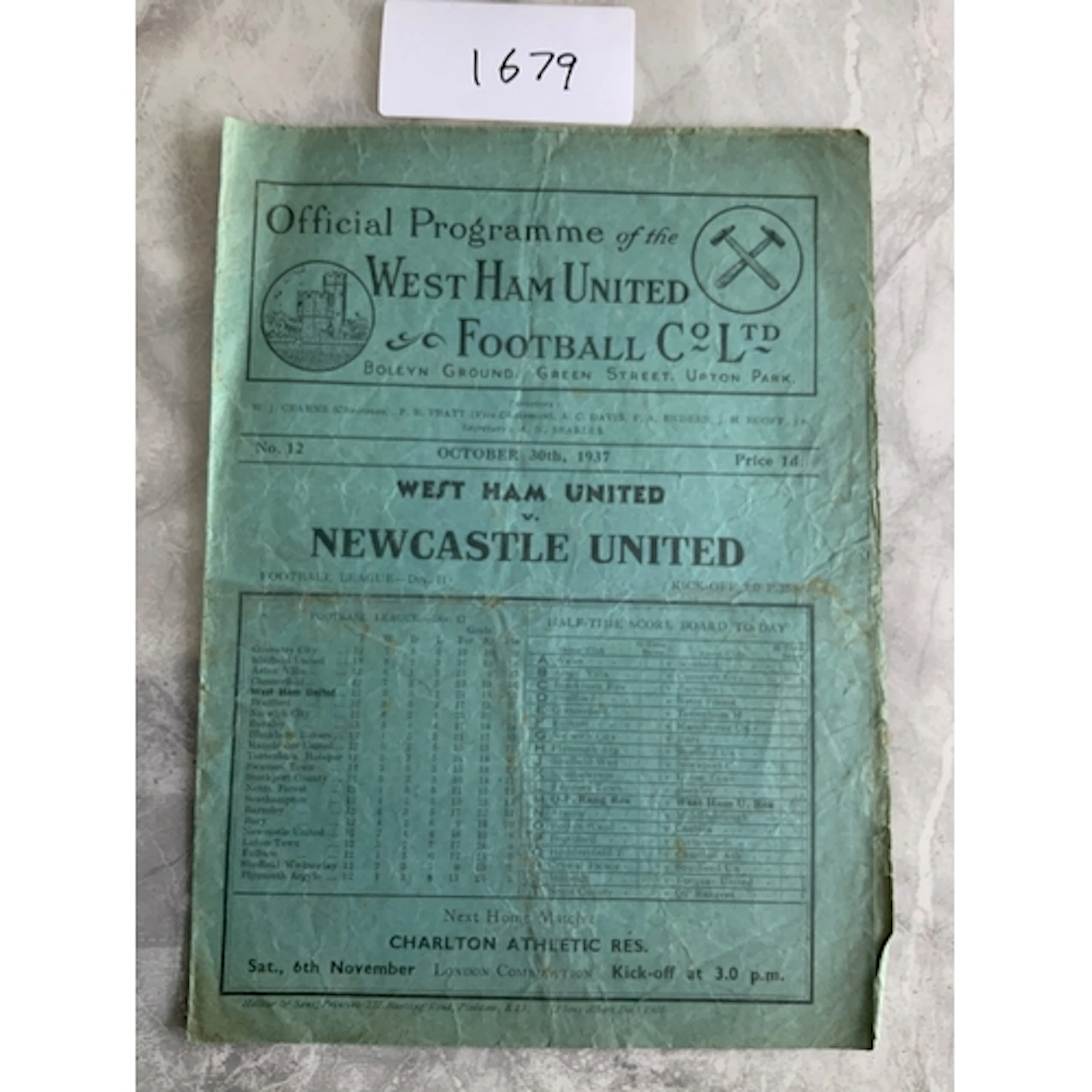 37/38 West Ham v Newcastle United Football Programme: Good c...