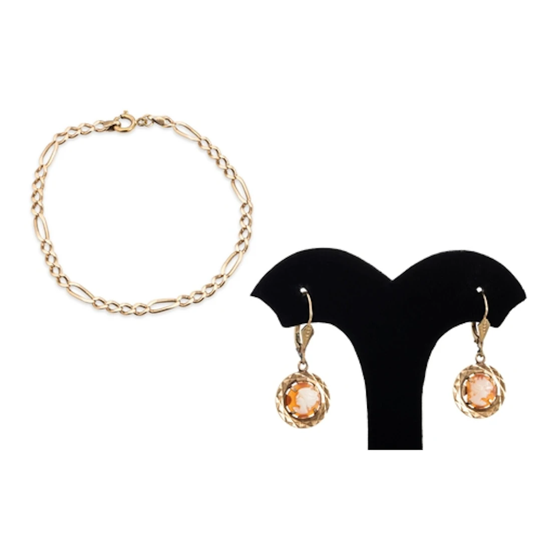A 9CT YELLOW GOLD FANCY LINK BRACELET, 5.9 g., together with...