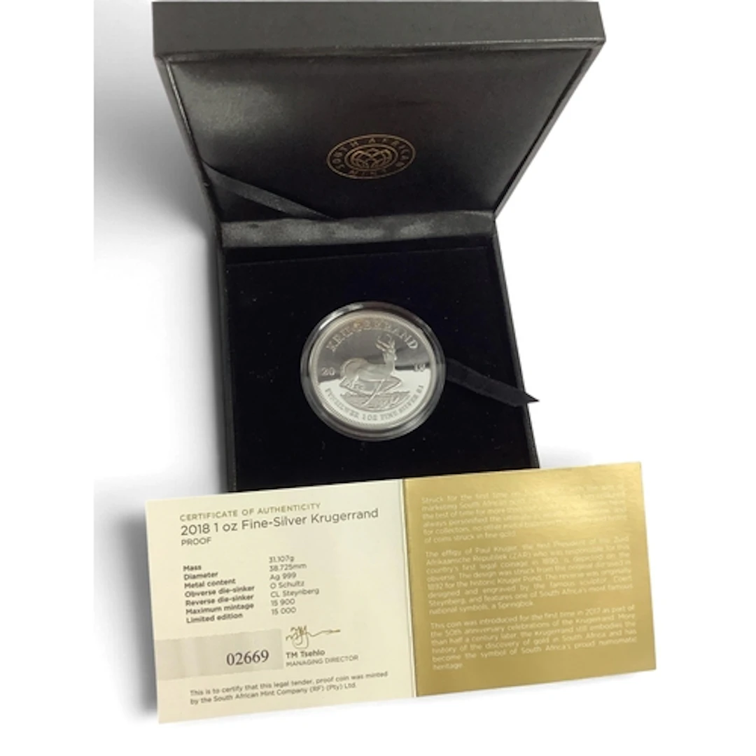 2018 South African Mint Fine Silver One Ounce Krugerrand, ca...