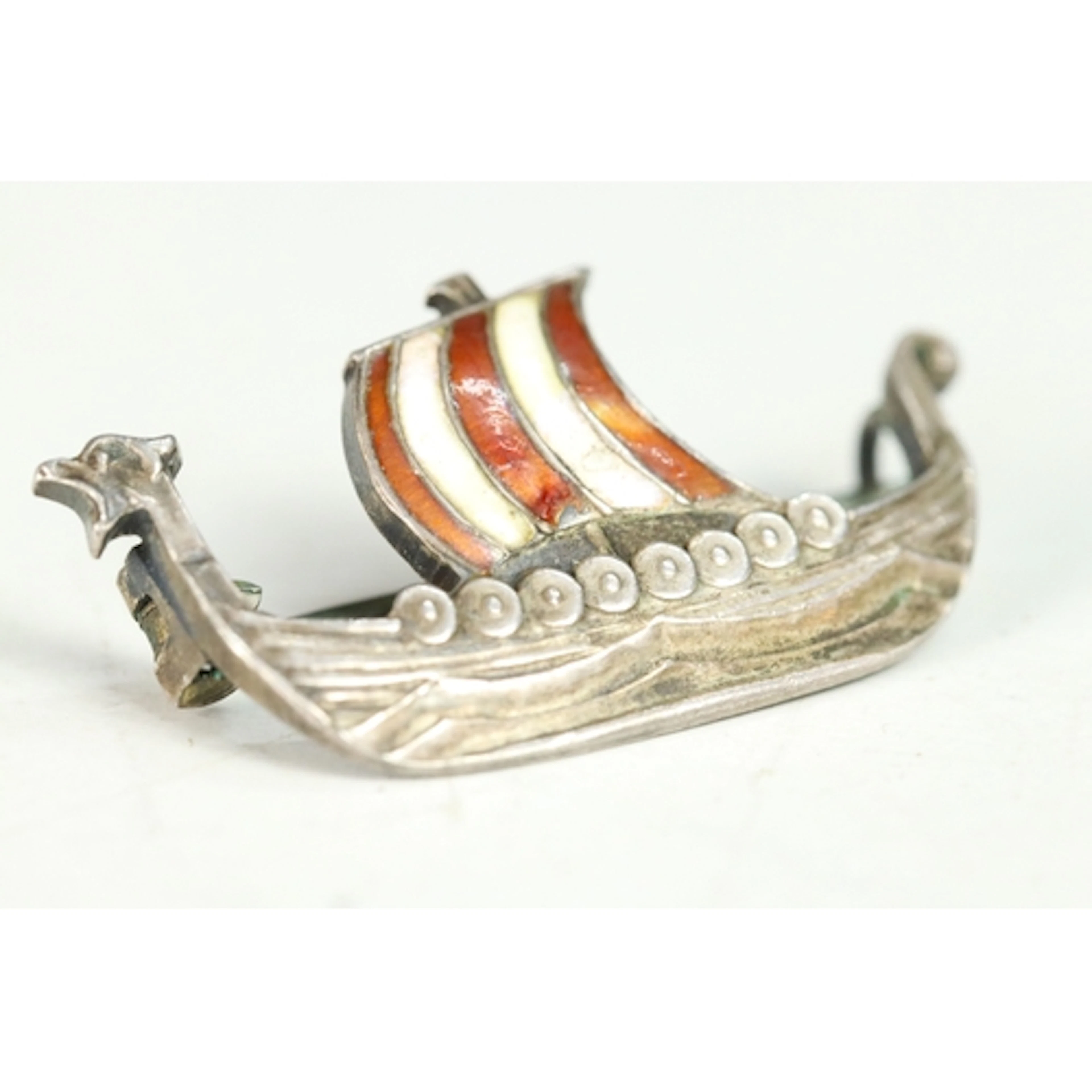 Scandinavian silver and enamel viking longship brooch, stamp...