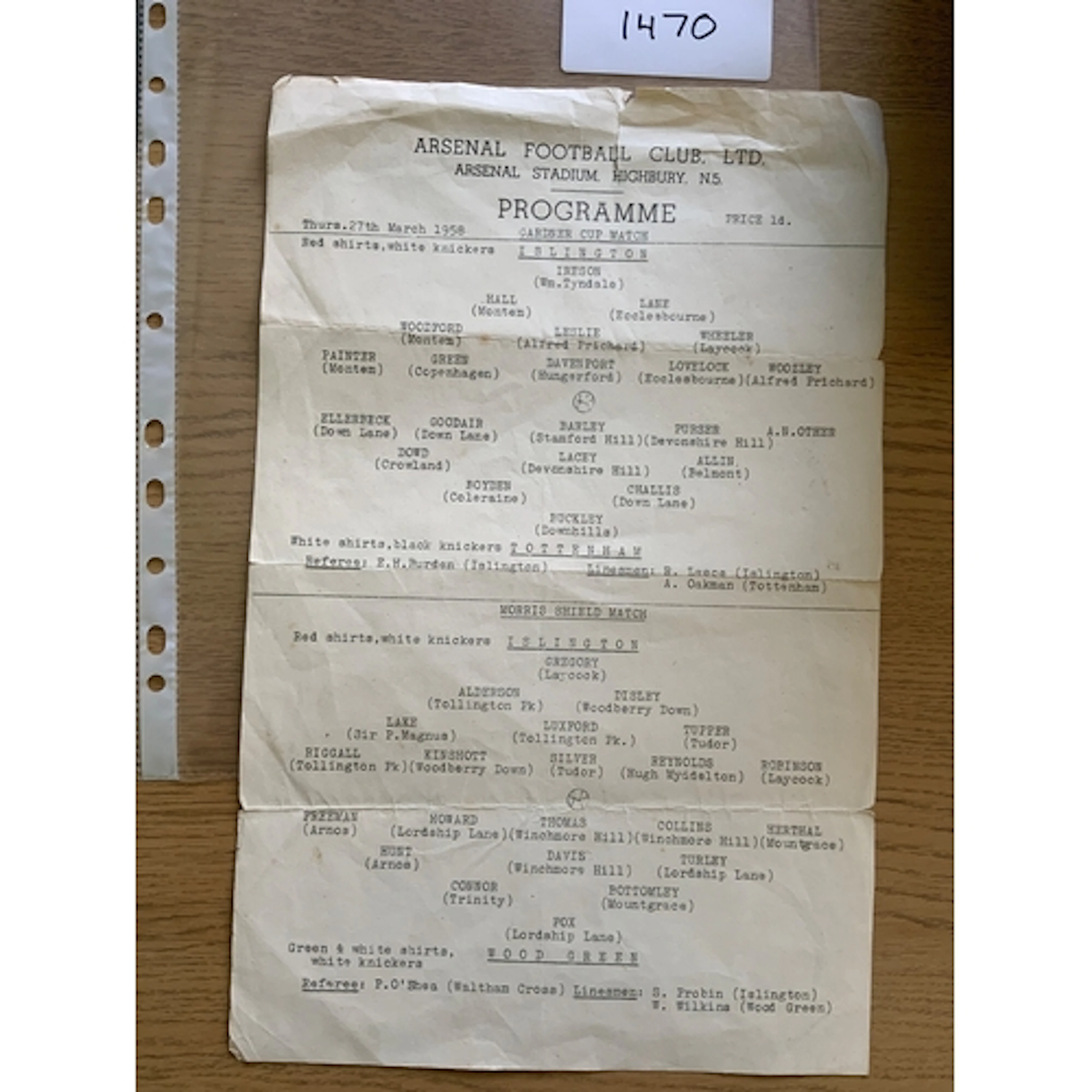 57/58 Islington v Tottenham Football Programme: Very large s...