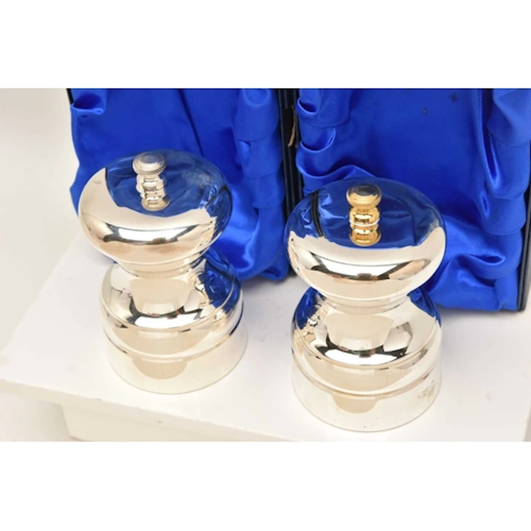 A BOXED PAIR OF SILVER SALT AND PEPPER MILLS, each of a poli...