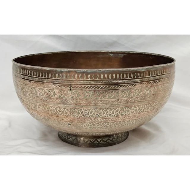 Large Middle Eastern Copper Bowl with banded floral pattern ...