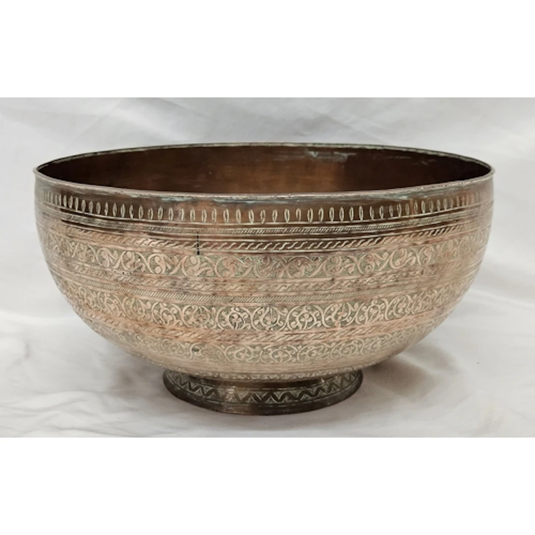 Large Middle Eastern Copper Bowl with banded floral pattern ...