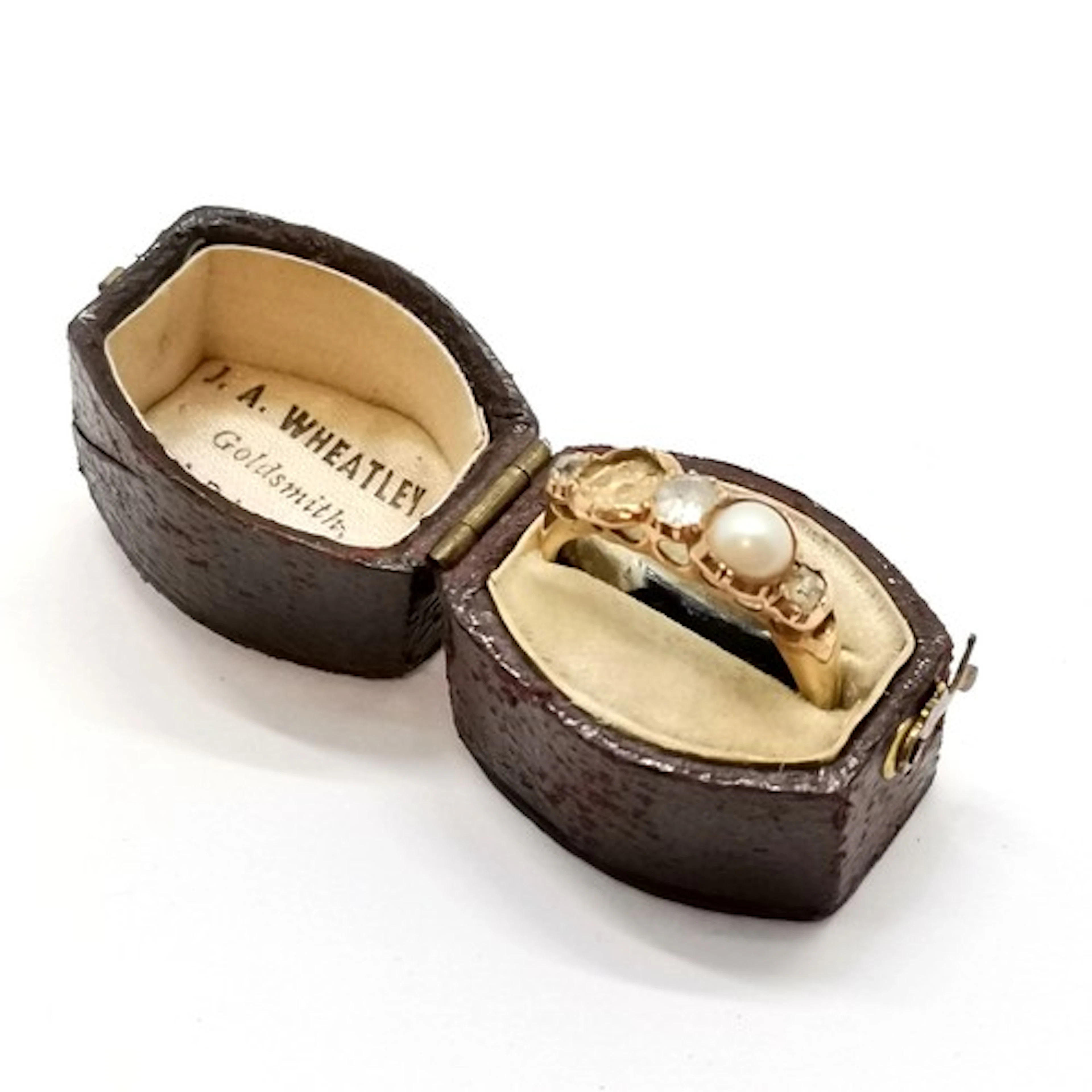 Antique 18ct marked gold pearl & diamond ring in original J ...