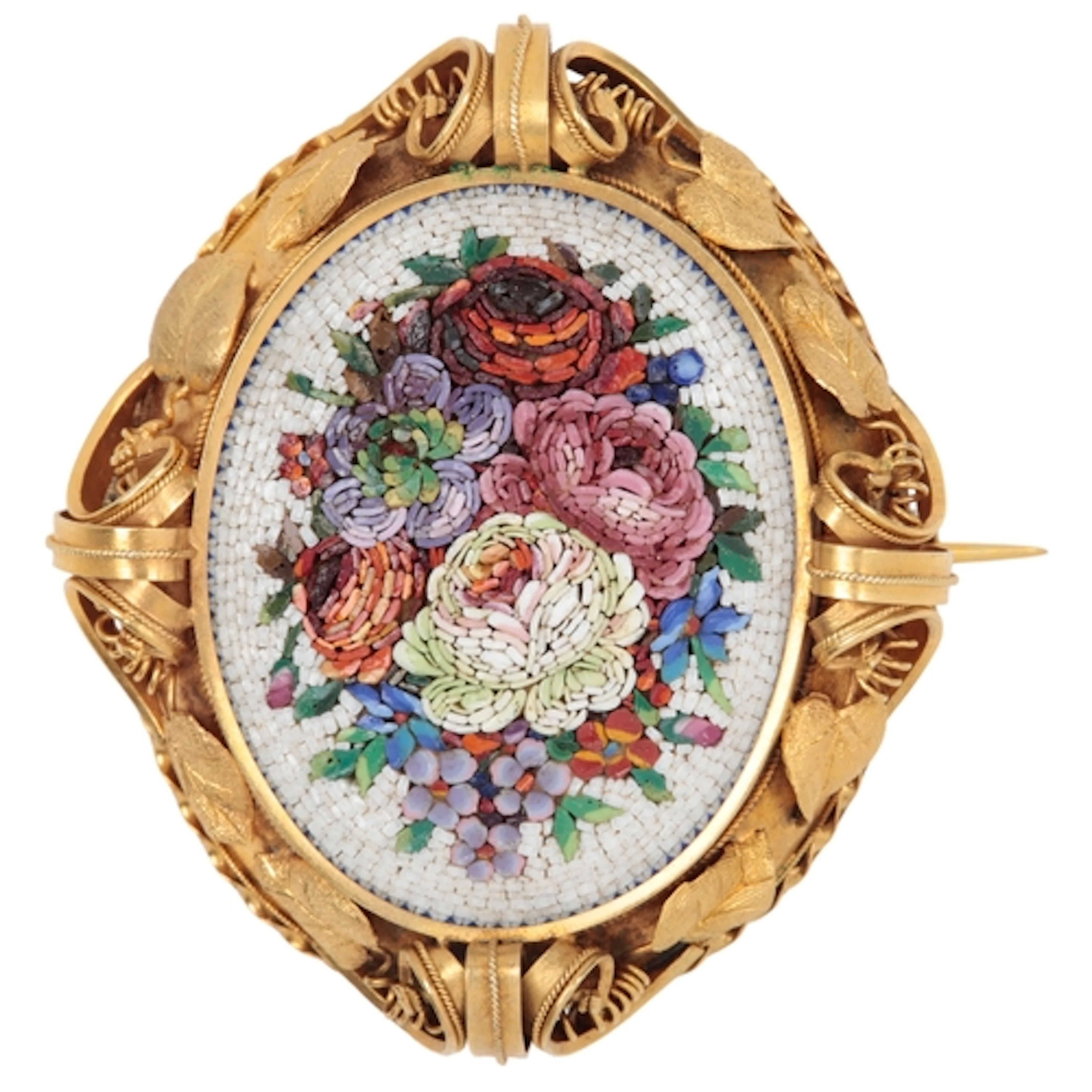 A fine micromosaic and gold brooch, mid 19th century, the ce...