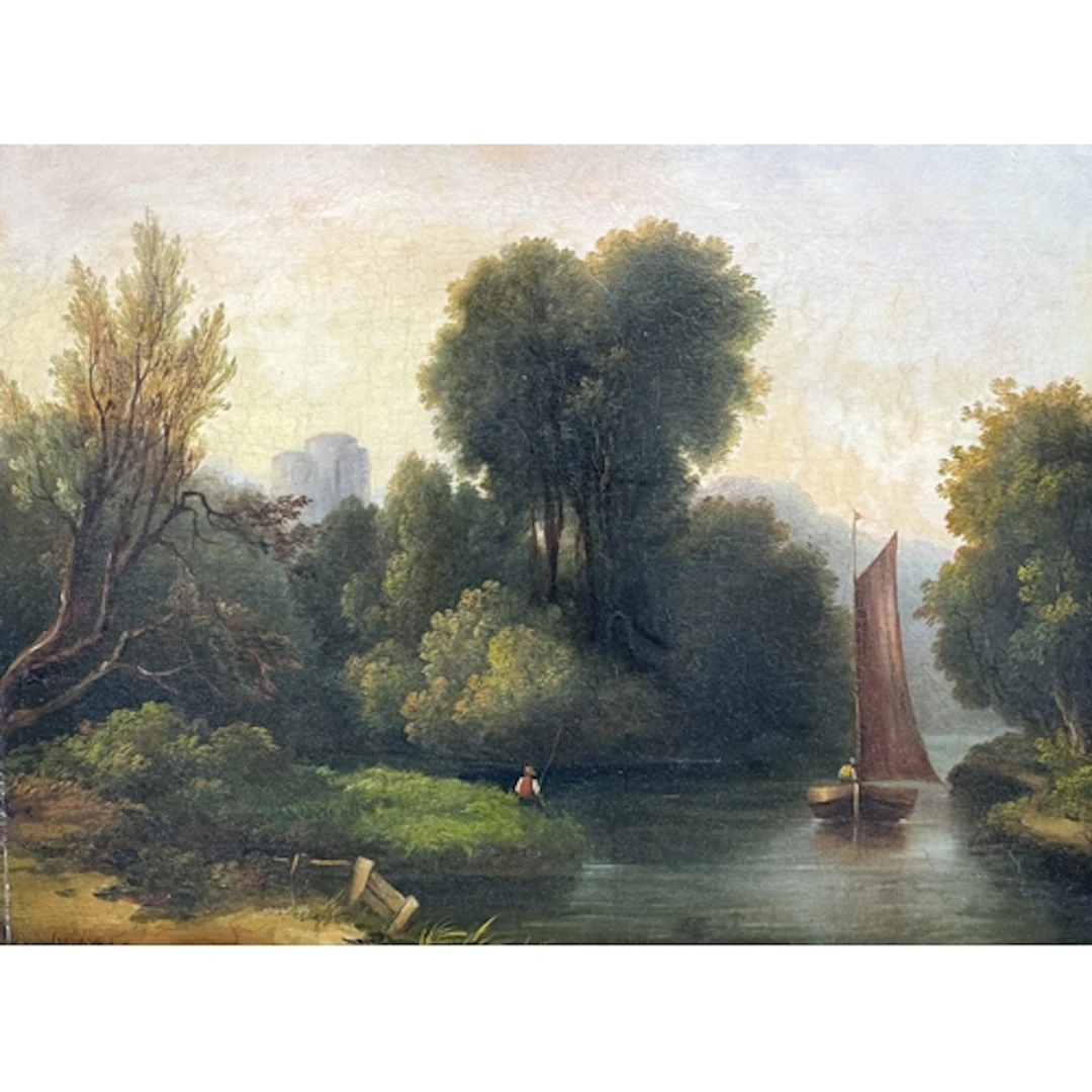19TH CENTURY ENGLISH SCHOOL: RIVER LANDSCAPE WITH BOY FISHIN...