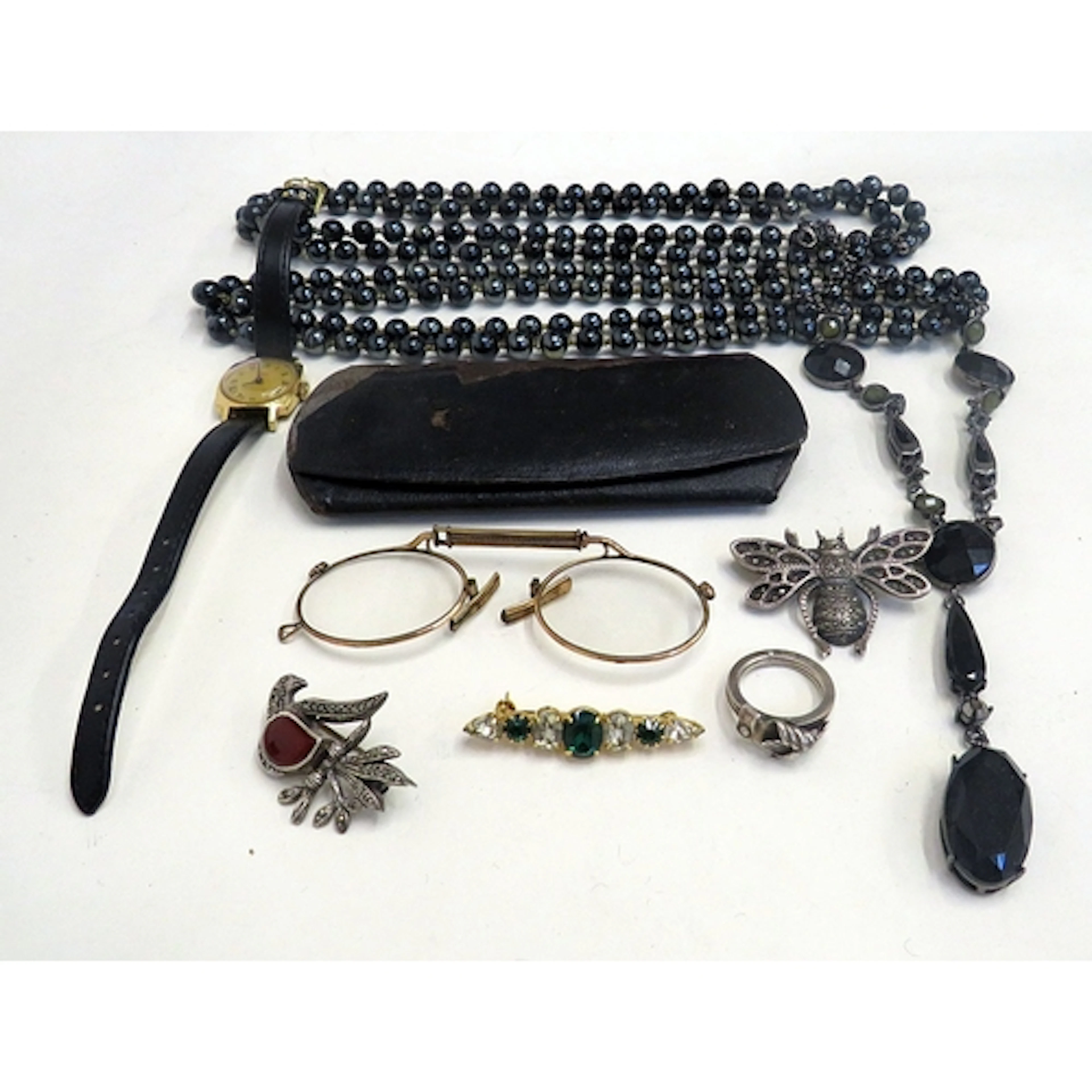 2 Imitation Black Pearl Necklaces with interspaced beads, ne...