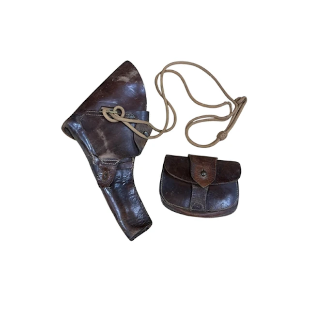 A leather military revolver holder, pouch and lanyard