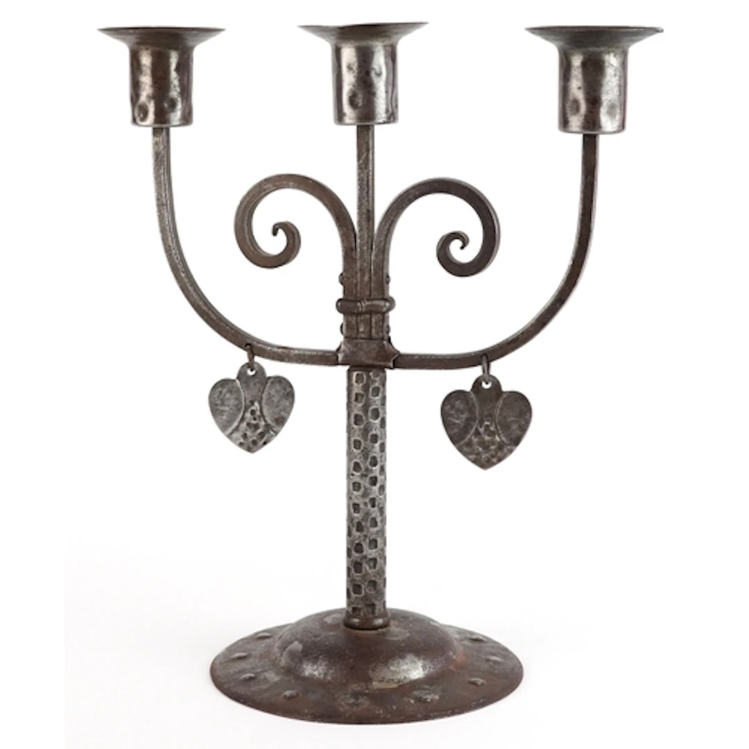 Hugo Berger (Goberg), Arts & Crafts iron three branch candel...