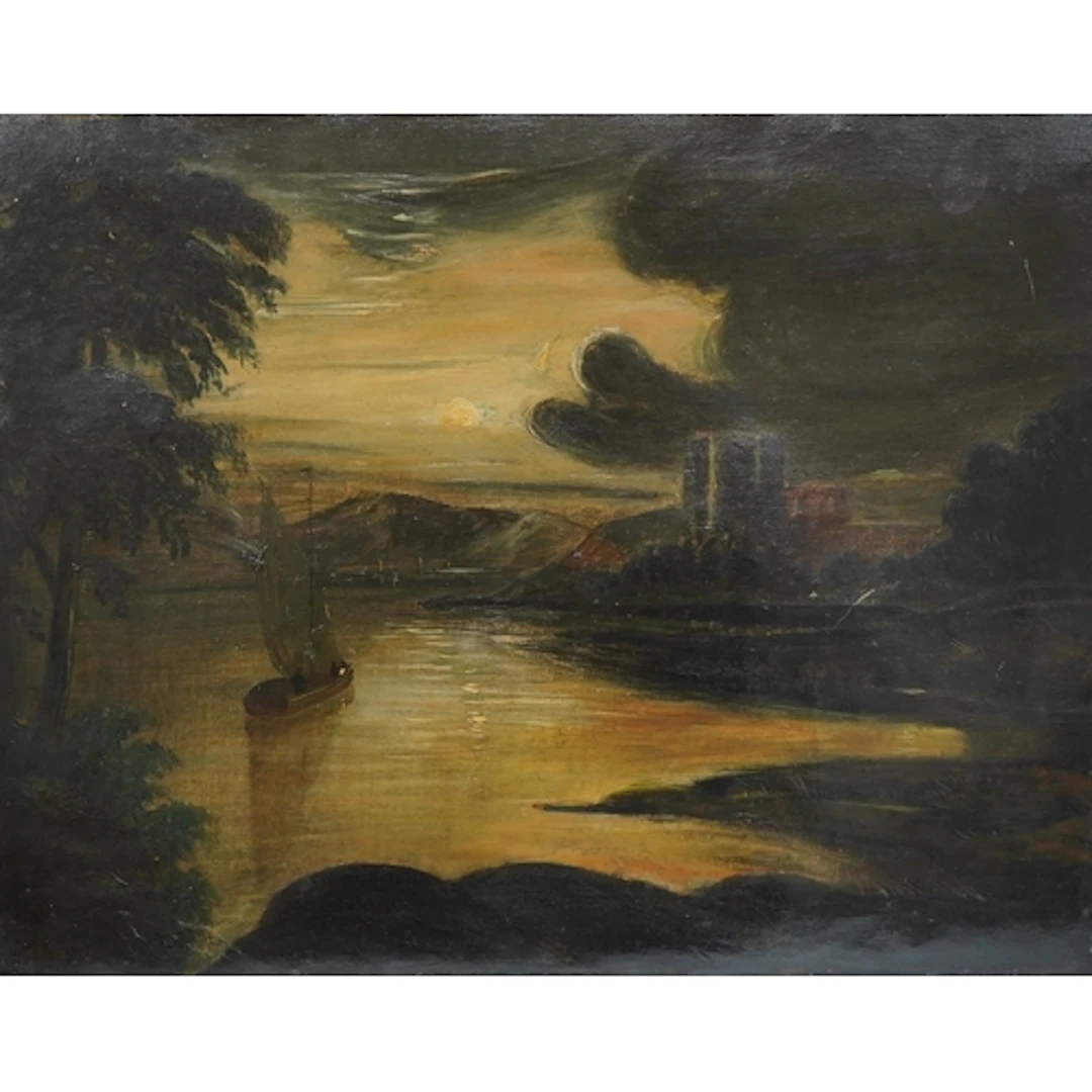 19th century school, moonlit lakeside view with castle ruins...