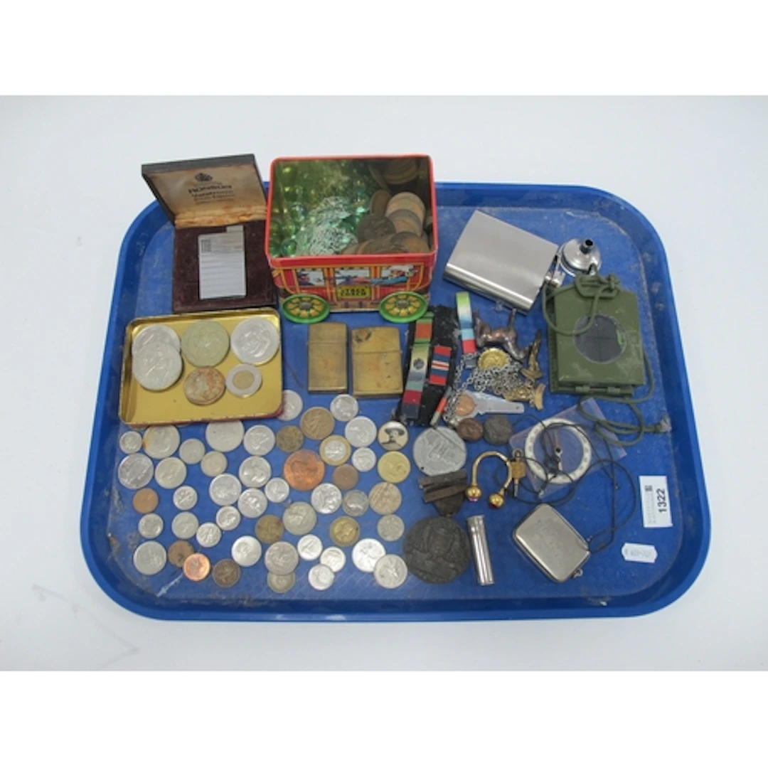 Coinage, two Zippo Brass Lighters, compasses, Ronson lighter...