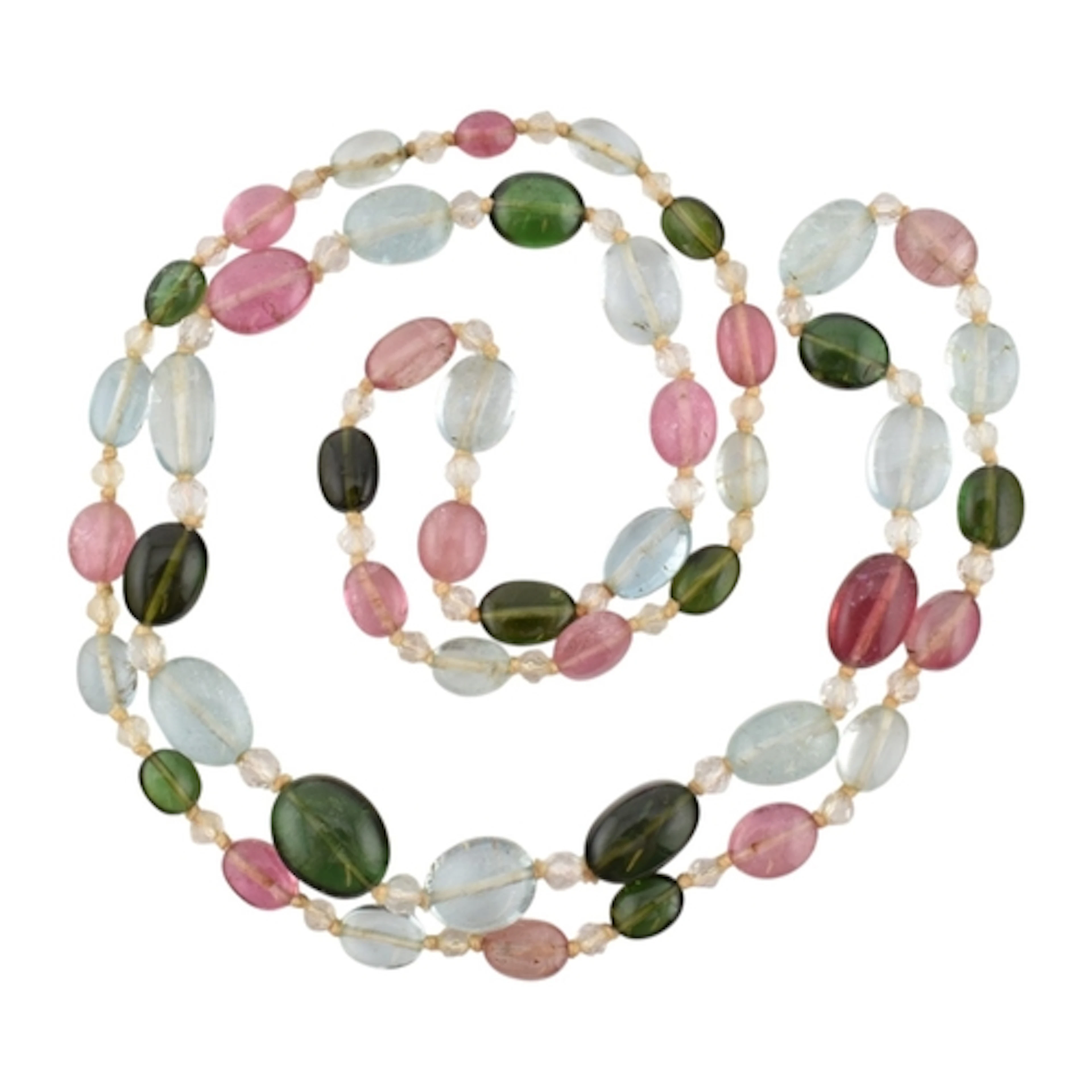 A gem bead necklace. The necklace formed with graduating kno...