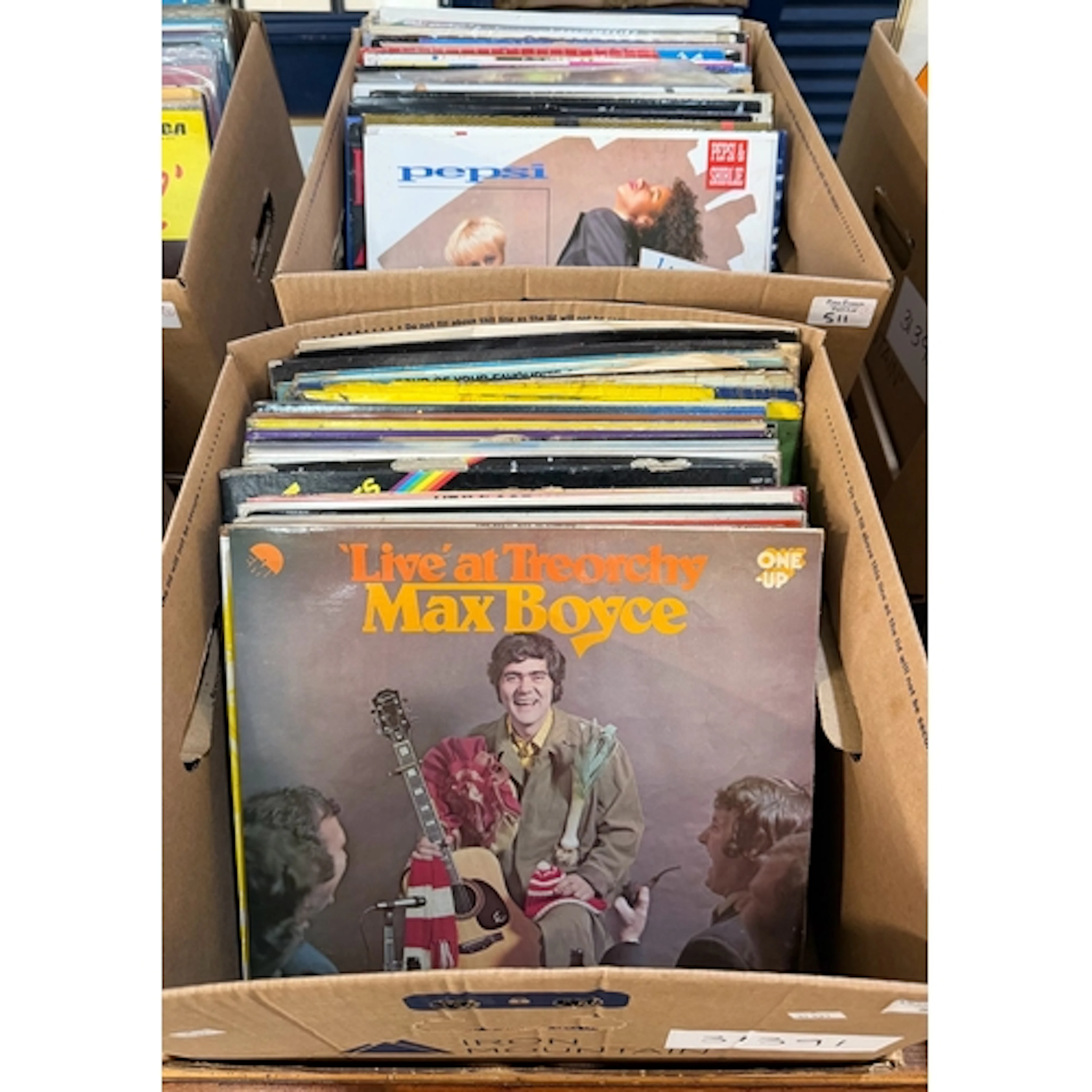Two cartons of assorted vinyl LP records to include: Max Boy...